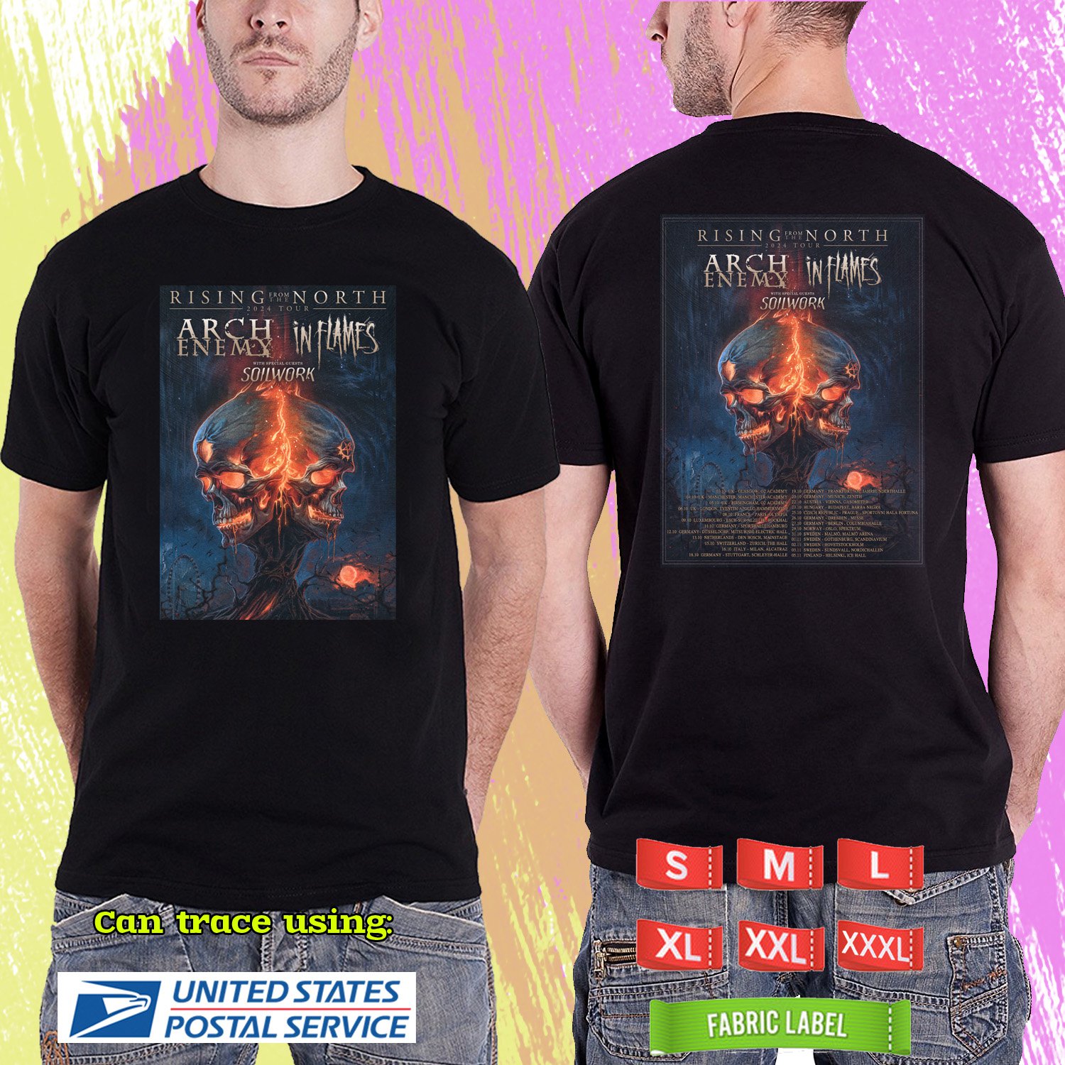 ARCH ENEMY w IN FLAMES EUROPE TOUR 2024. ARCH ENEMY TOUR.ARCH ENEMY. BLACK TSHIRT UNISEX CODE RDF01