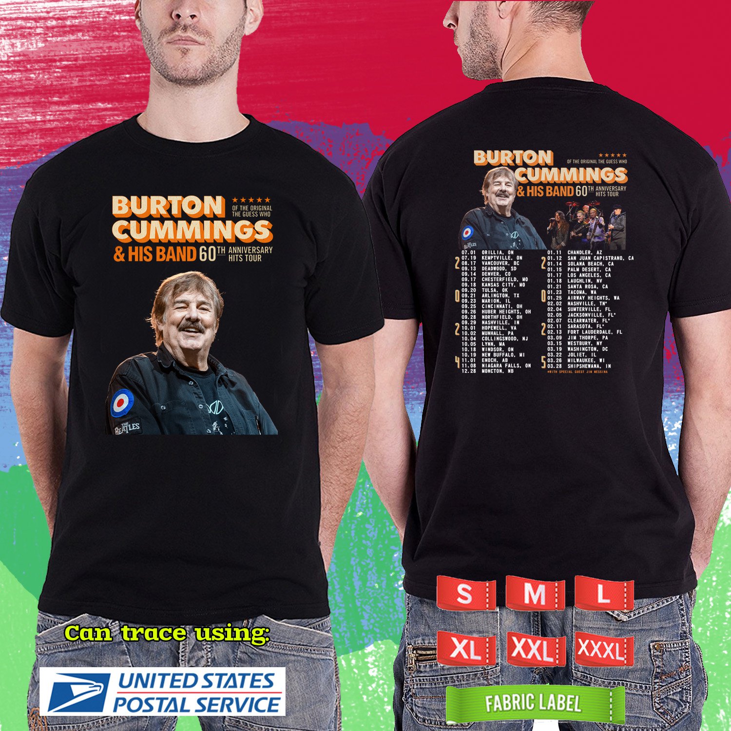 BURTON CUMMINGS 60TH ANNIV TOUR 2024. BURTON CUMMINGS TOUR. BLACK TSHIRT UNISEX CODE RDF01