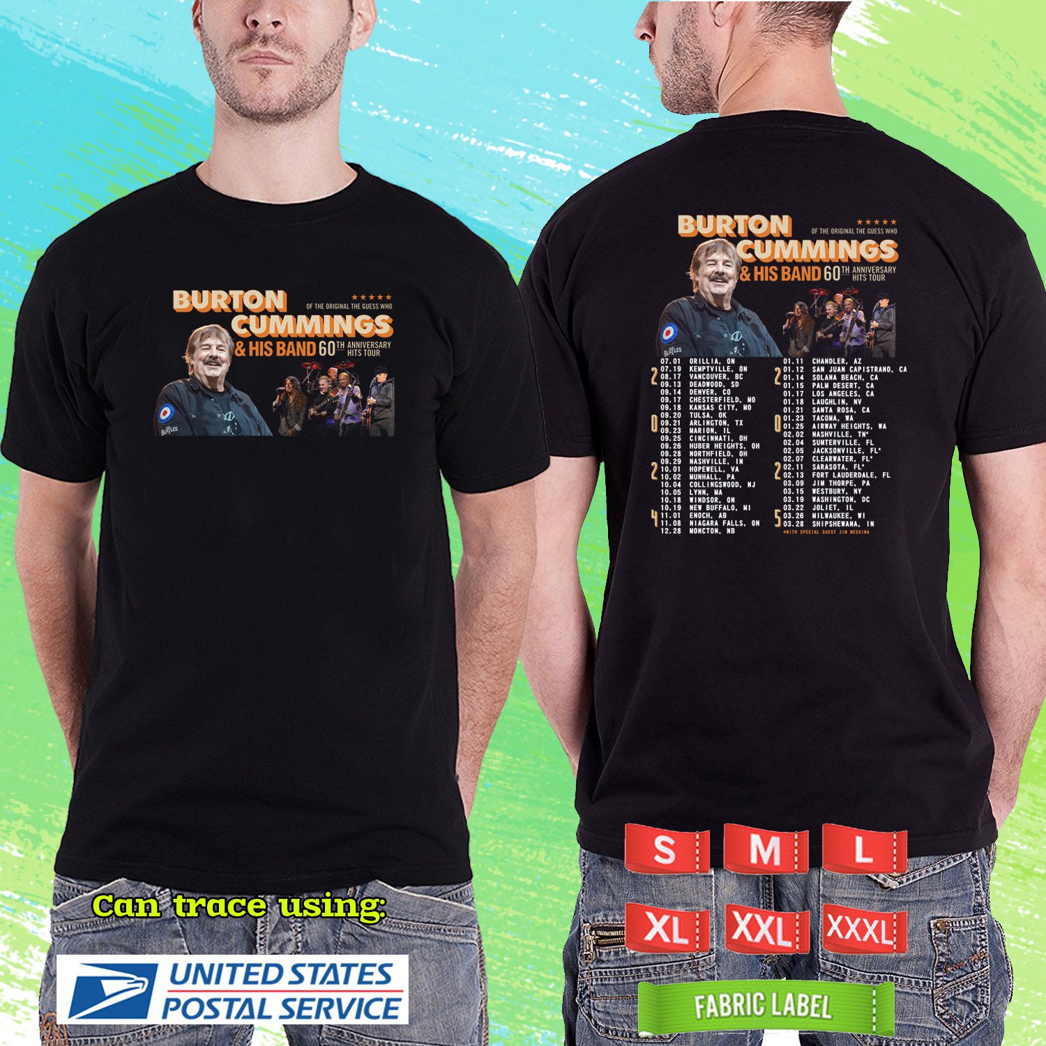BURTON CUMMINGS 60TH ANNIV TOUR 2024. BURTON CUMMINGS TOUR. BLACK TSHIRT UNISEX CODE RDF02