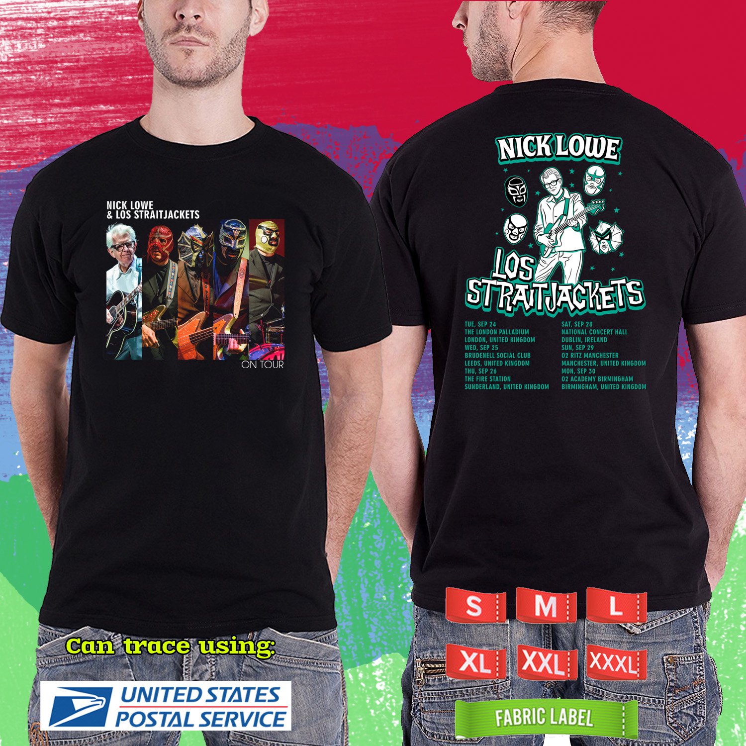 NICK LOWE AND LOS STRAITJACKETS EUROPE TOUR 2024. NICK LOWE TOUR. BLACK TSHIRT UNISEX CODE RDF01