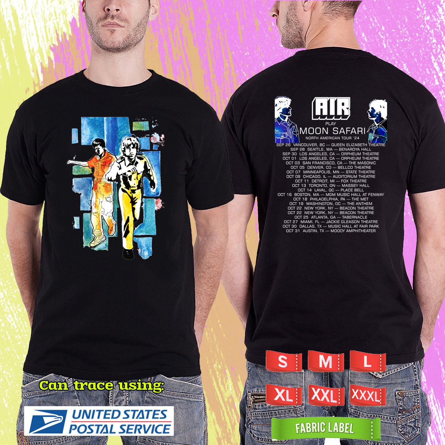 AIR MOON SAFARI N.AMERICA TOUR 2024. AIR TOUR. BLACK TSHIRT UNISEX CODE RDF01