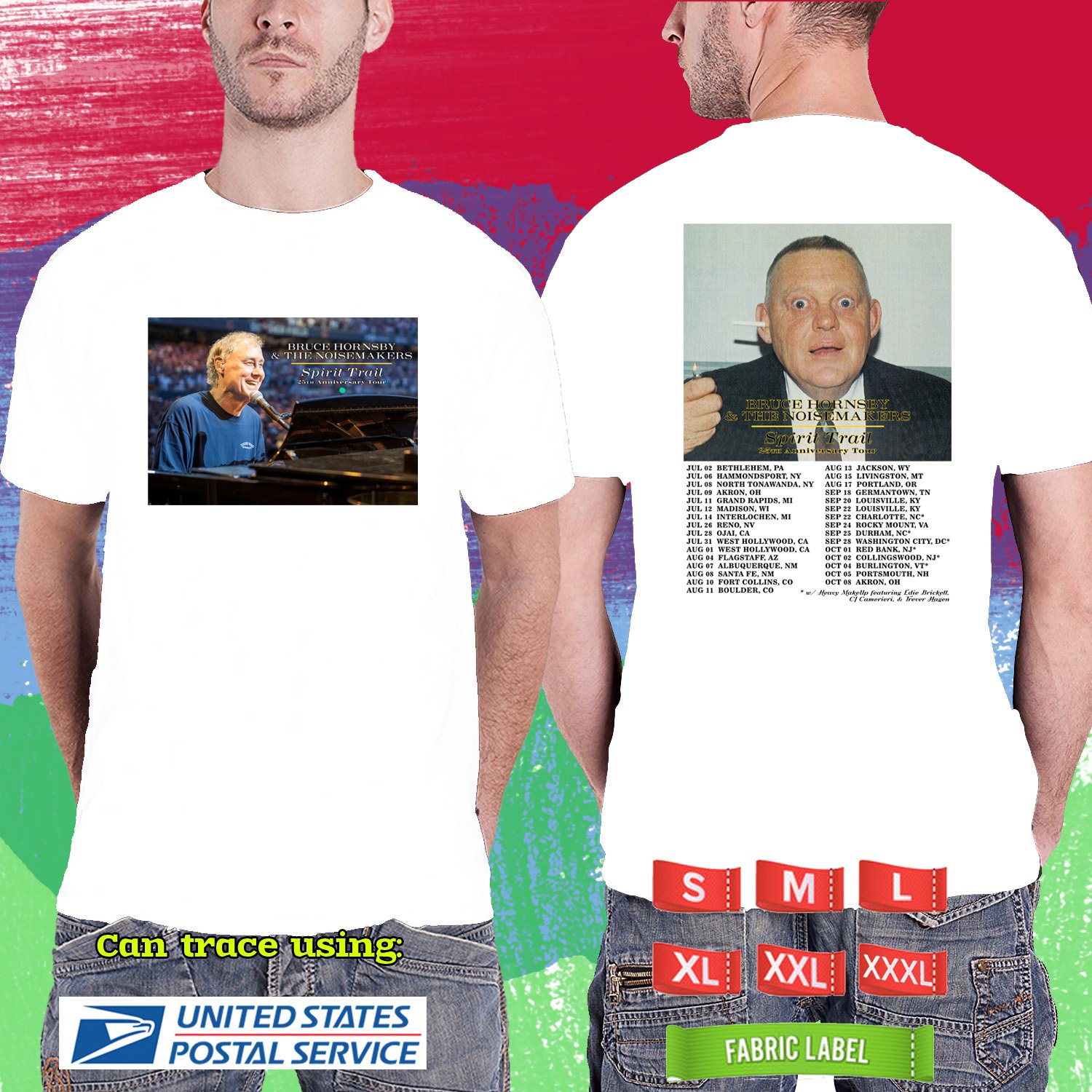 BRUCE HORNSBY &THE NOISEMAKERS SPIRIT TRAIL TOUR 2024. BRUCE HORNSBY TOUR. WHITE TSHIRT UNISEX RDF01