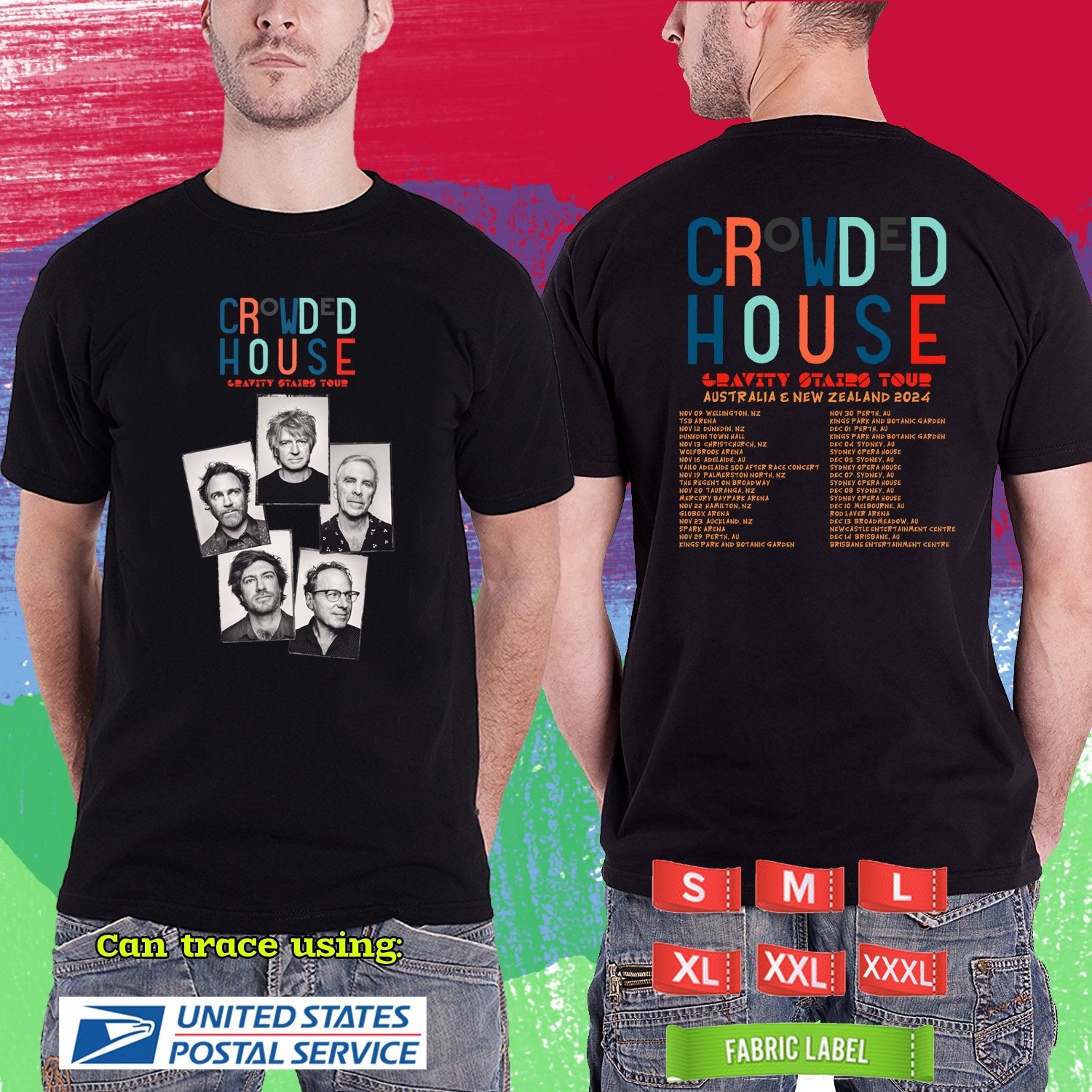 CROWDED HOUSE GRAVITY STAIRS AUSTRALIA TOUR 2024. CROWDED HOUSE TOUR. BLACK TSHIRT UNISEX RDF01