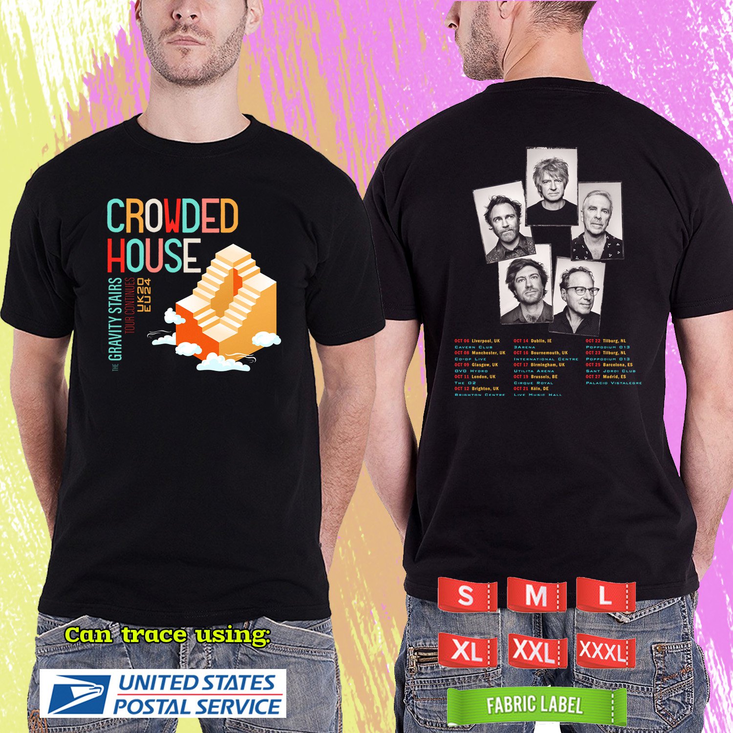CROWDED HOUSE GRAVITY STAIRS U.KINGDOM TOUR 2024. CROWDED HOUSE TOUR. BLACK TSHIRT UNISEX RDF01