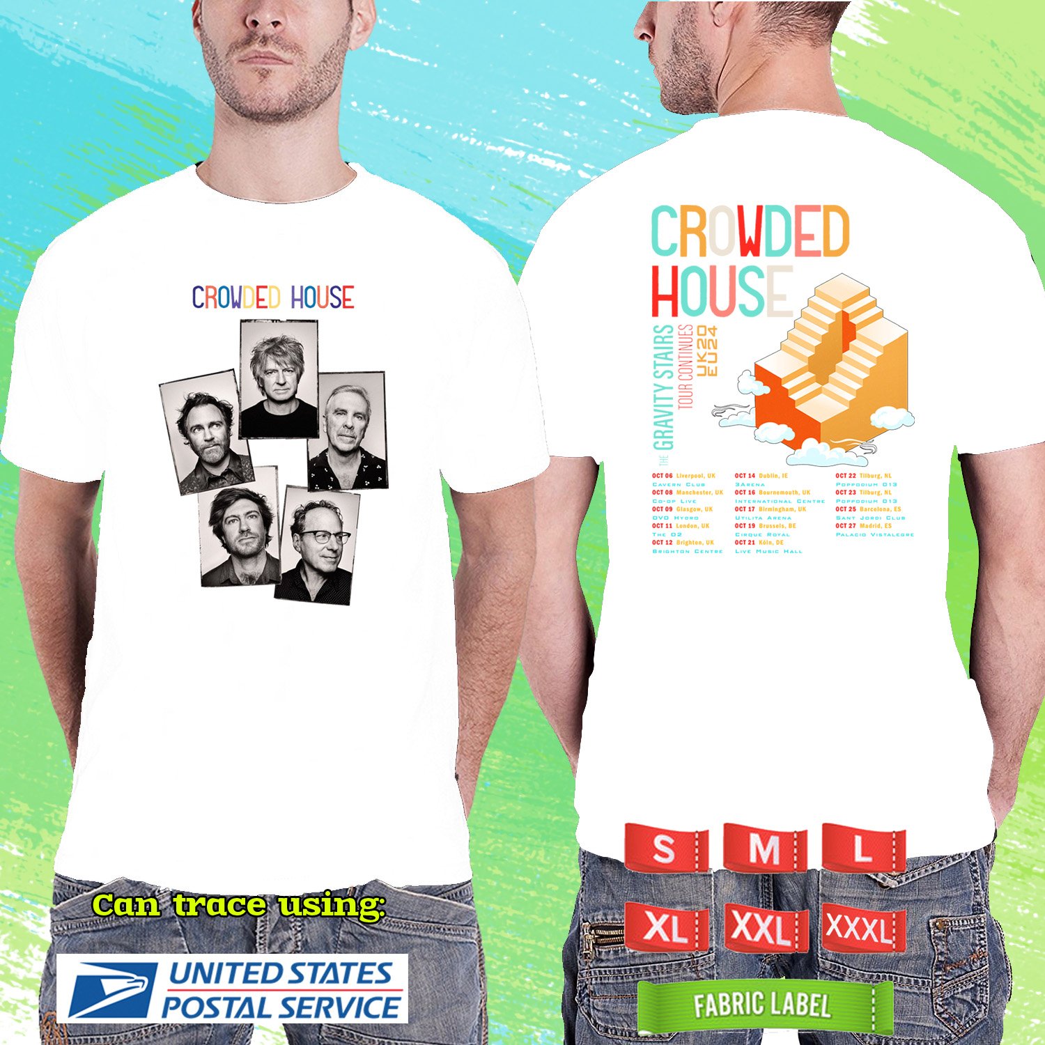 CROWDED HOUSE GRAVITY STAIRS U.KINGDOM TOUR 2024. CROWDED HOUSE TOUR. WHITE TSHIRT UNISEX RDF01