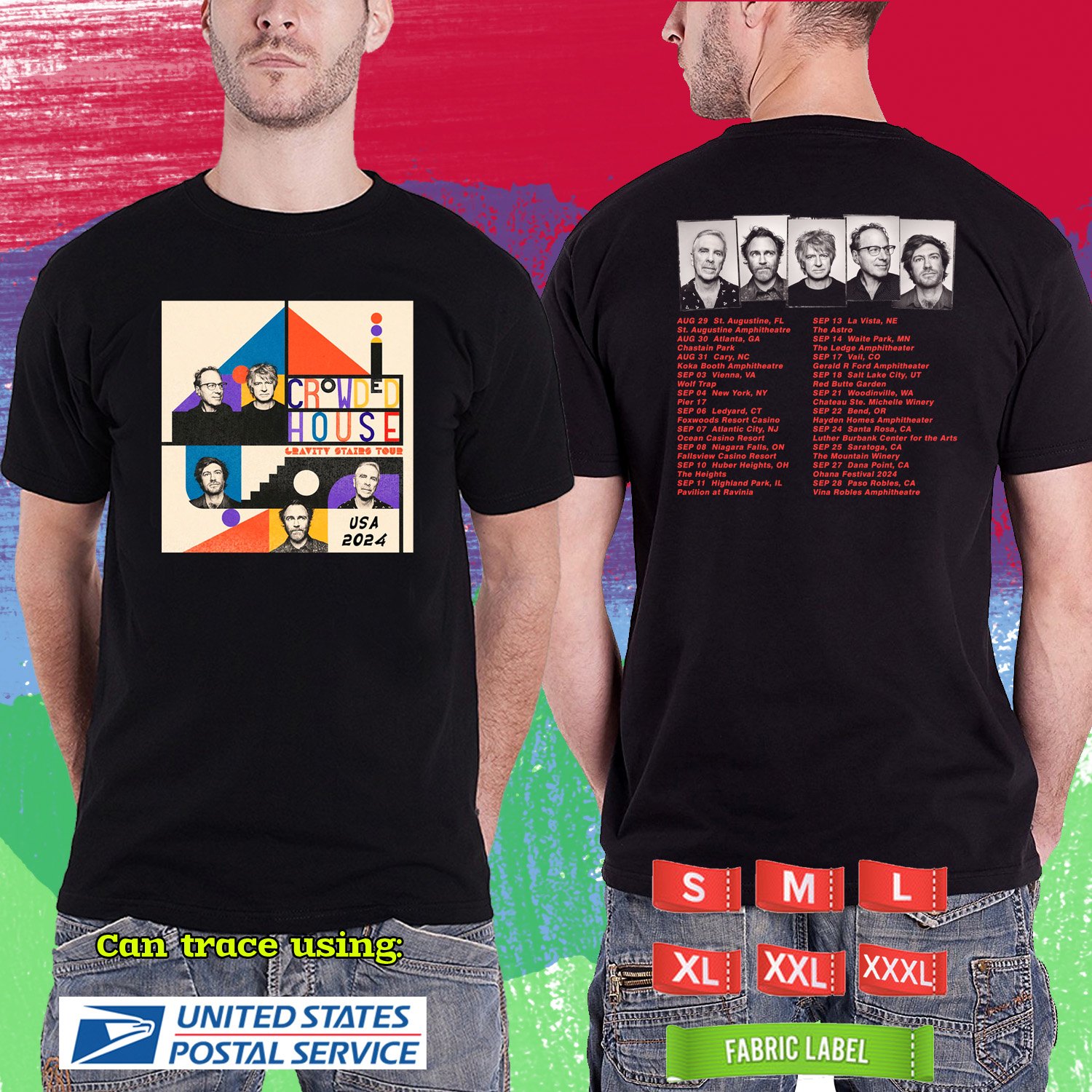 CROWDED HOUSE GRAVITY STAIRS N.AMERICA TOUR 2024. CROWDED HOUSE TOUR. BLACK TSHIRT UNISEX RDF01