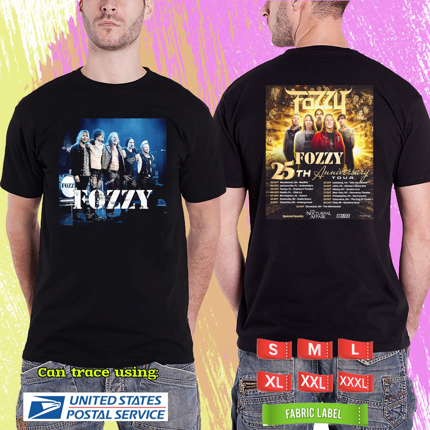 FOZZY 25TH ANNIVERSARY USA TOUR 2024. FOZZY TOUR. BLACK TSHIRT UNISEX RDF01