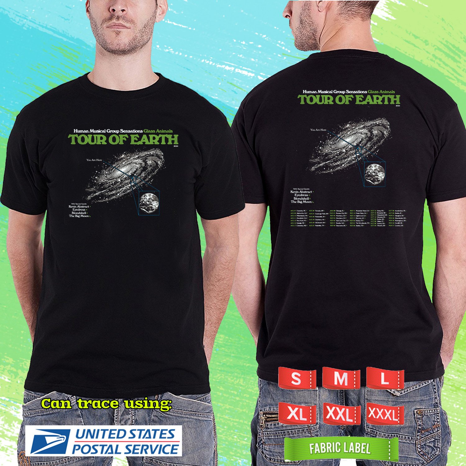 GLASS ANIMALS TOUR OF EARTH 2024. GLASS ANIMALS TOUR. BLACK TSHIRT UNISEX RDF01