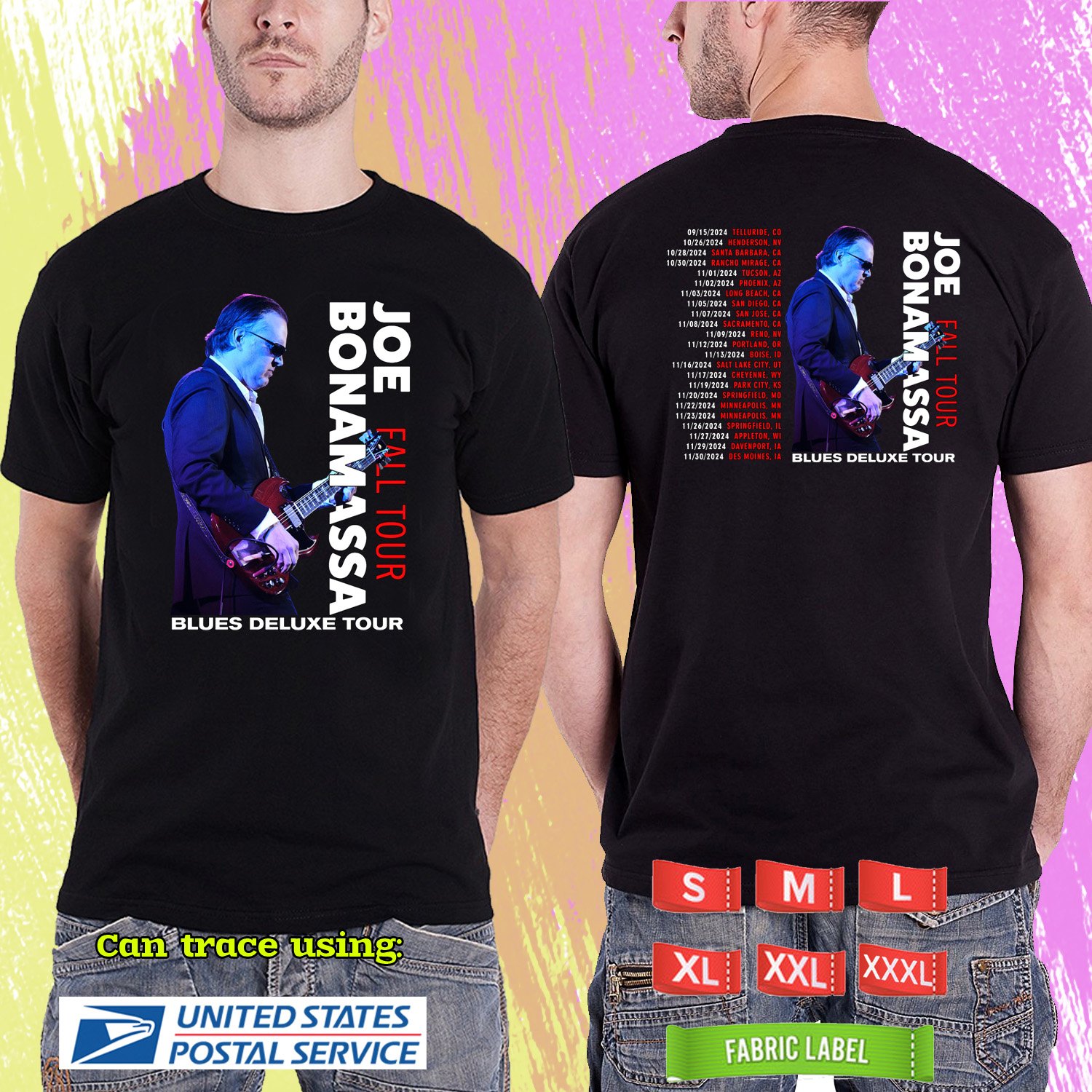 JOE BONAMASSA BLUES DELUXE FALL TOUR 2024. JOE BONAMASSA TOUR. BLACK TSHIRT UNISEX RDF01