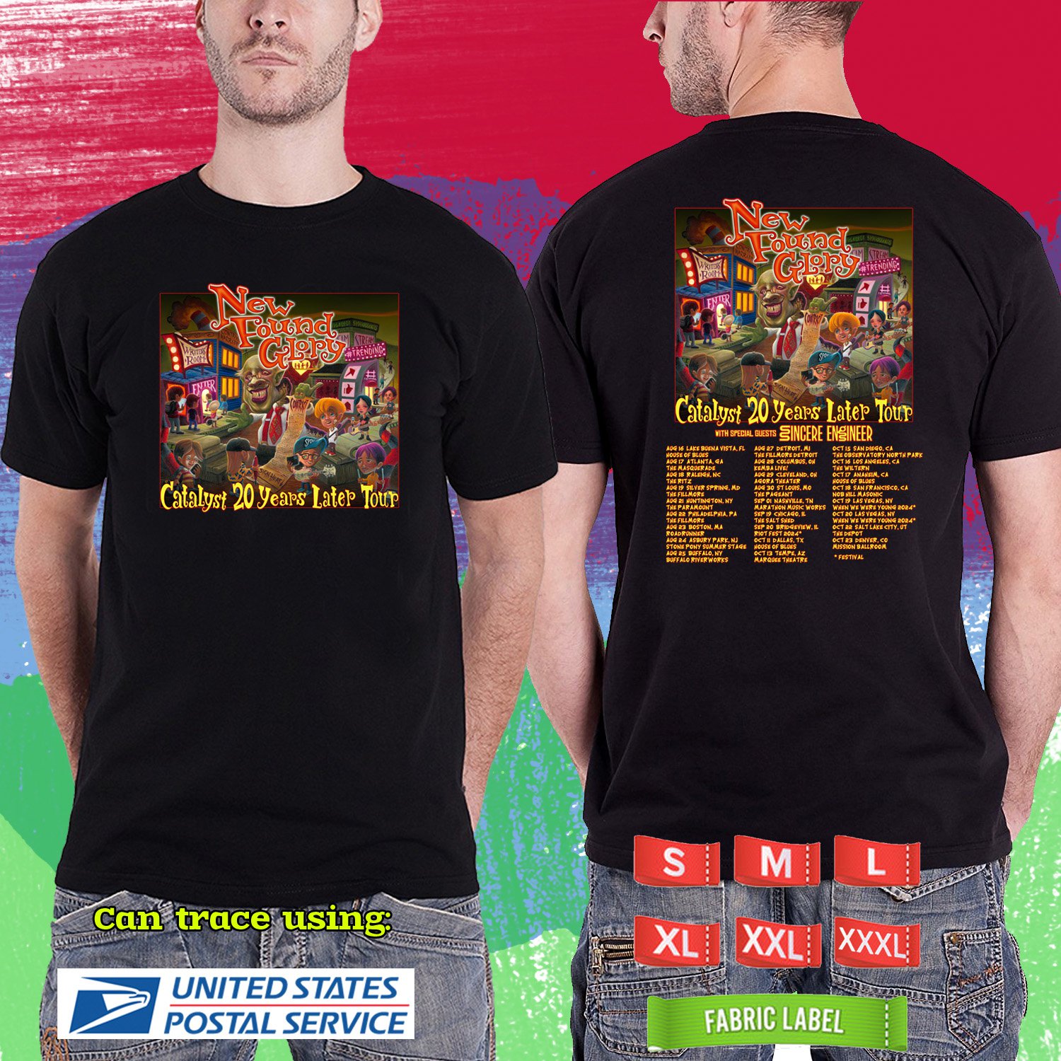NEW FOUND GLORY CATALYST 20YEARS LATER TOUR 2024. NEW FOUND GLORY TOUR. BLACK TSHIRT UNISEX RDF01
