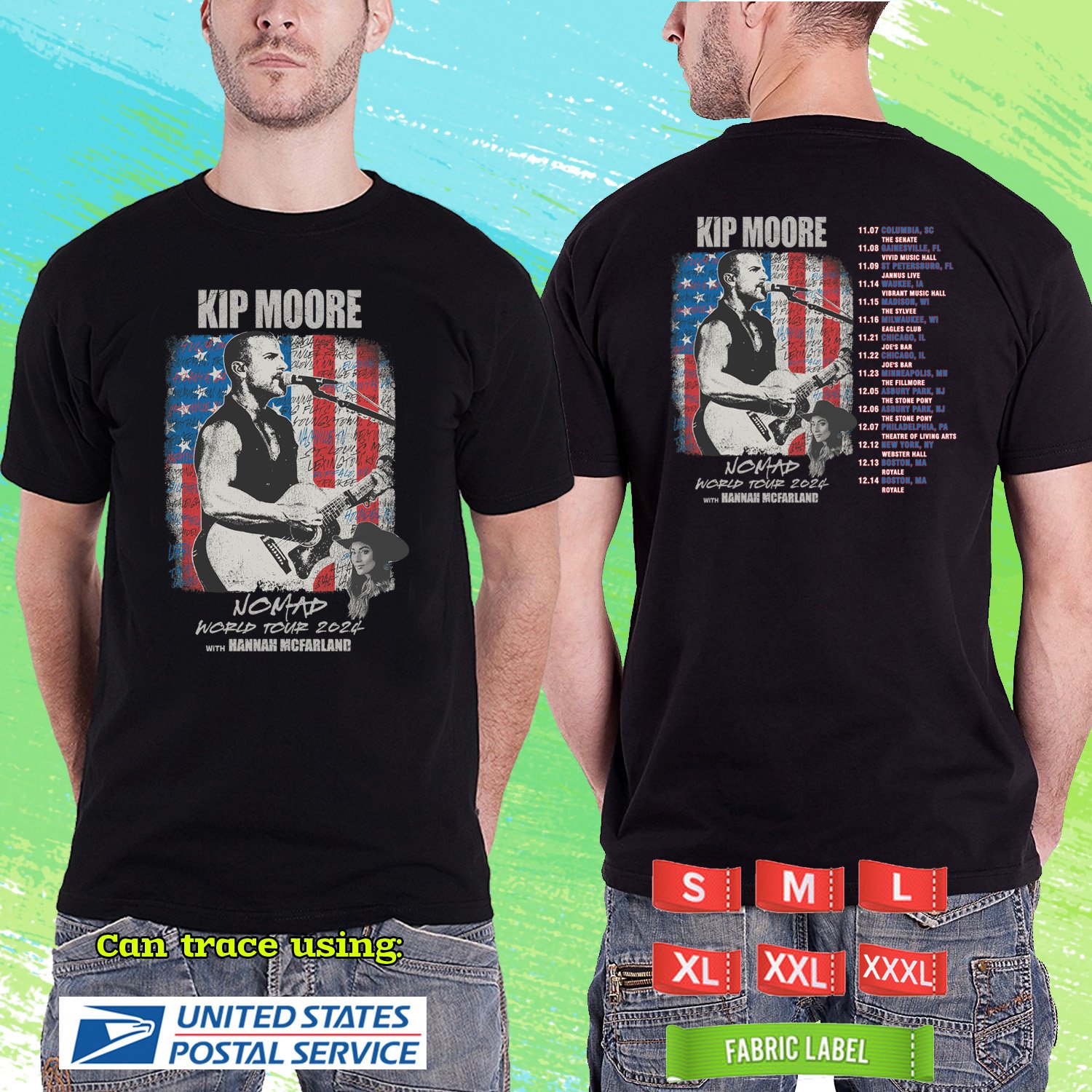 KIP MOORE NOMAD WORLD USA TOUR 2024. KIP MOORE TOUR. BLACK TSHIRT UNISEX RDF01