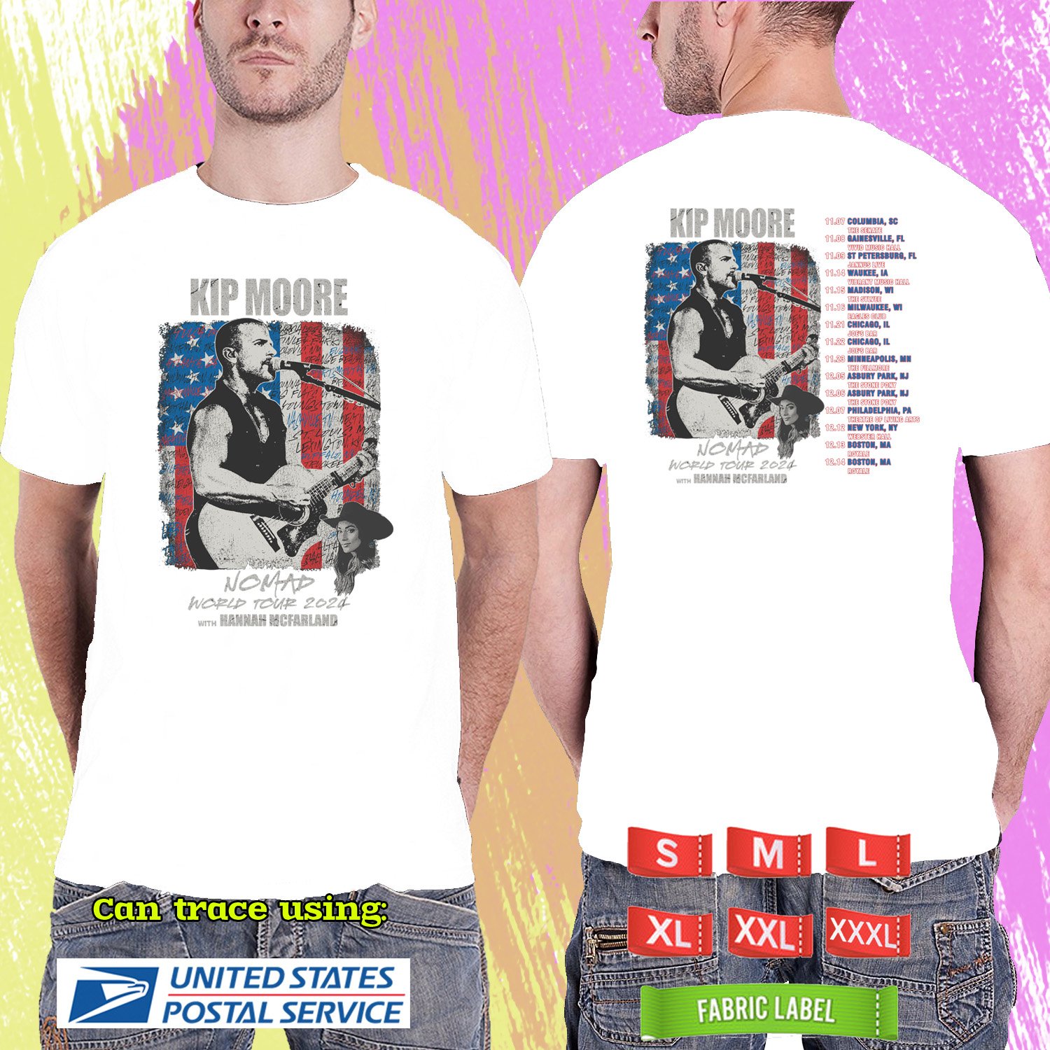 KIP MOORE NOMAD WORLD USA TOUR 2024. KIP MOORE TOUR. WHITE TSHIRT UNISEX RDF01