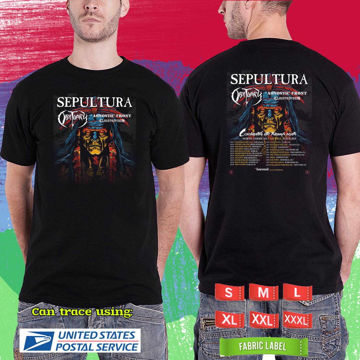 SEPULTURA CELEBRATE LIFE THROUGH DEATH TOUR 2024. SEPULTURA TOUR. BLACK TSHIRT UNISEX RDF01