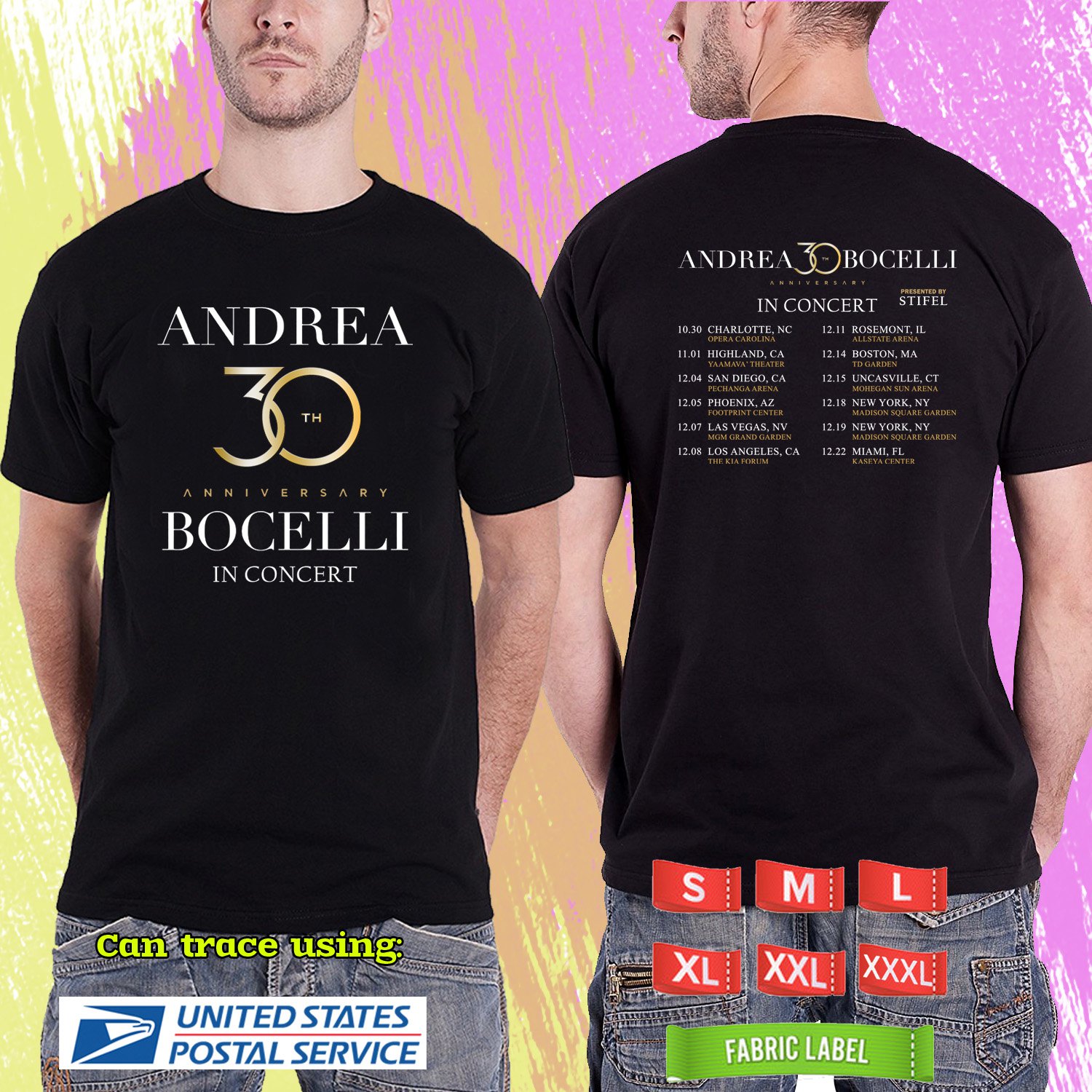 ANDREA BOCELLI 30TH ANNIVERSARY TOUR 2024.ANDREA BOCELLI TOUR. BLACK TSHIRT UNISEX RDF01