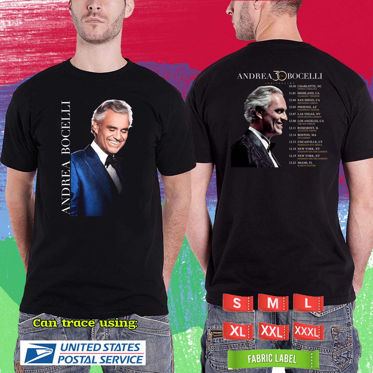 ANDREA BOCELLI 30TH ANNIVERSARY TOUR 2024.ANDREA BOCELLI TOUR. BLACK TSHIRT UNISEX RDF02