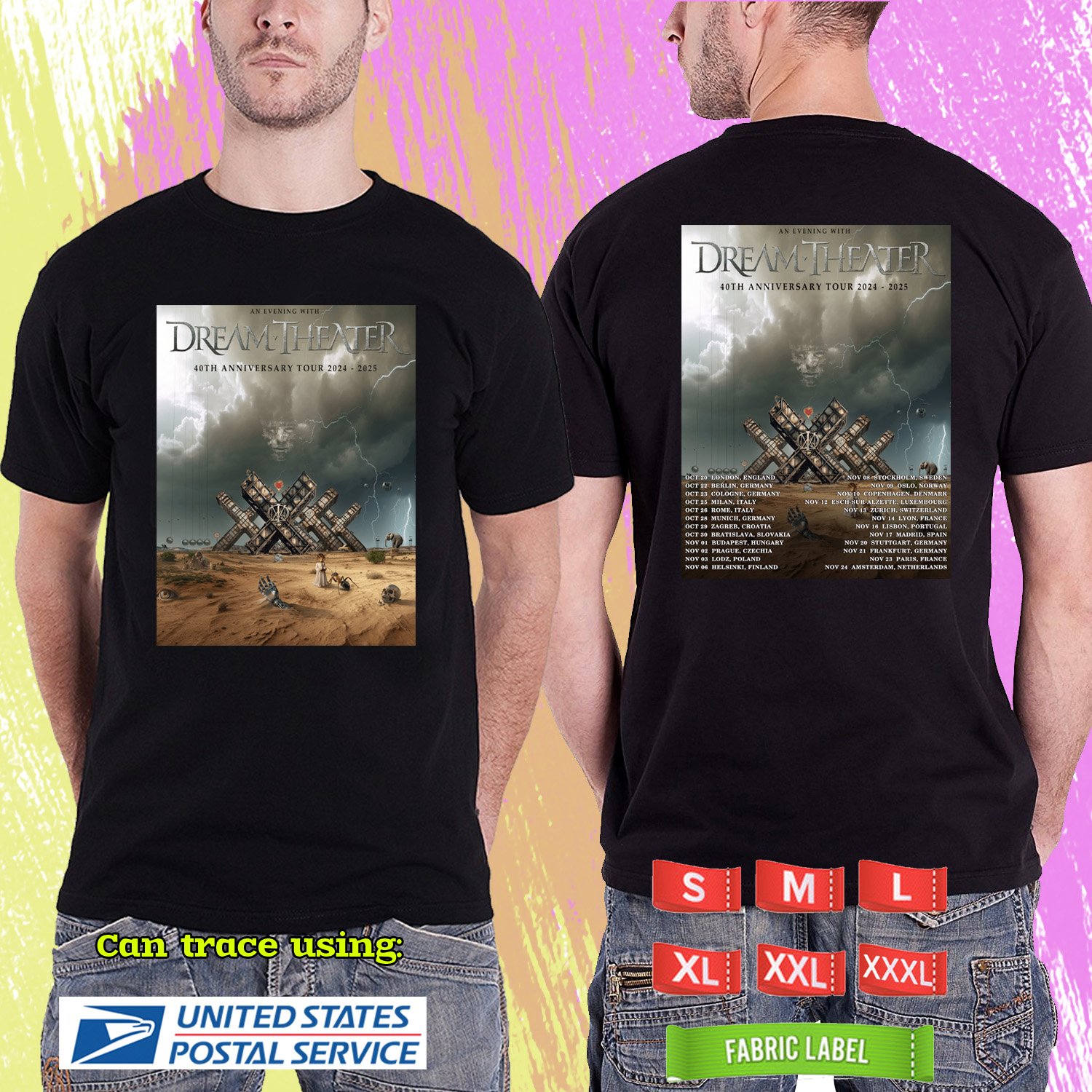 DREAM THEATER 40TH ANNIVERSARY EUROPE TOUR 2024.DREAM THEATER. BLACK TSHIRT UNISEX RDF01