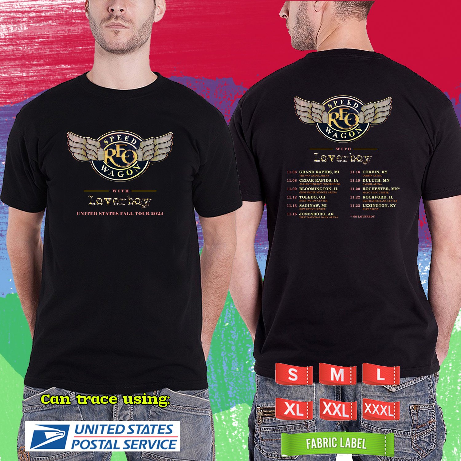 REO SPEEDWAGON AND LOVERBOY FALL TOUR 2024. REO SPEEDWAGON TOUR. BLACK TSHIRT UNISEX RDF01