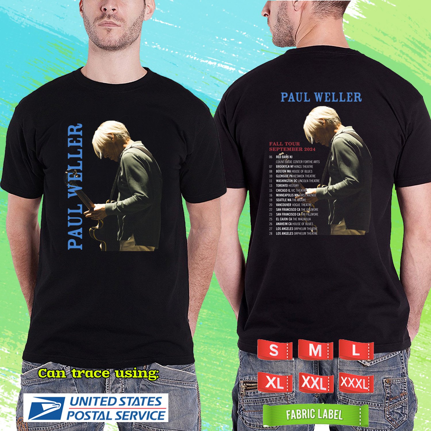 PAUL WELLER FALL N.AMERICA TOUR 2024. PAUL WELLER TOUR. BLACK TSHIRT UNISEX RDF01