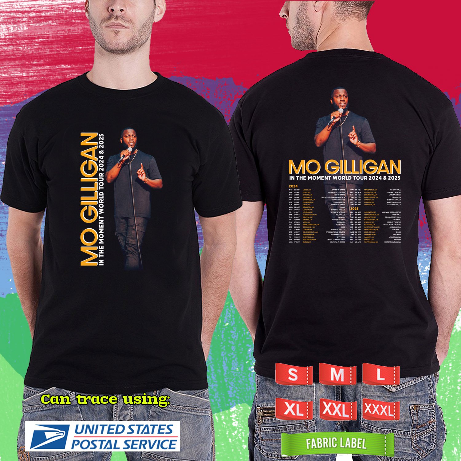 MO GILLIGAN IN THE MOMENT WORLD TOUR 2024. MO GILLIGAN. BLACK TSHIRT UNISEX RDF01