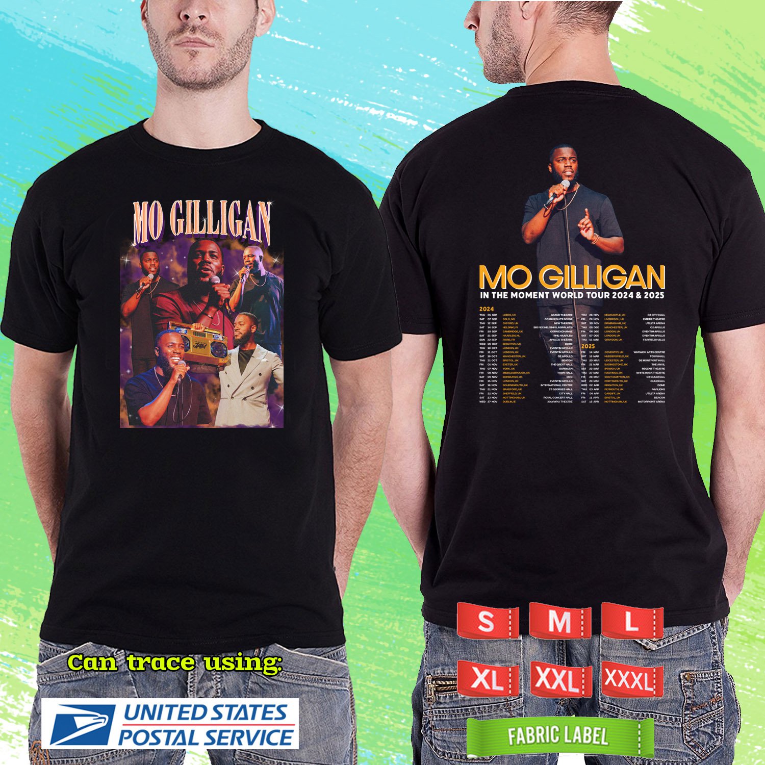 MO GILLIGAN IN THE MOMENT WORLD TOUR 2024. MO GILLIGAN. BLACK TSHIRT UNISEX RDF02