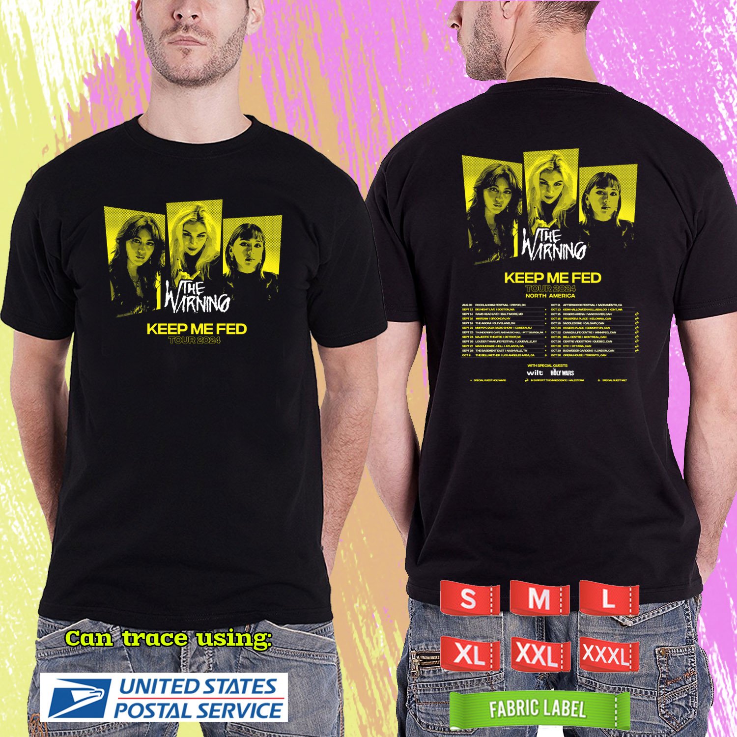 THE WARNING KEEP ME FED TOUR 2024. THE WARNING. BLACK TSHIRT UNISEX RDF01