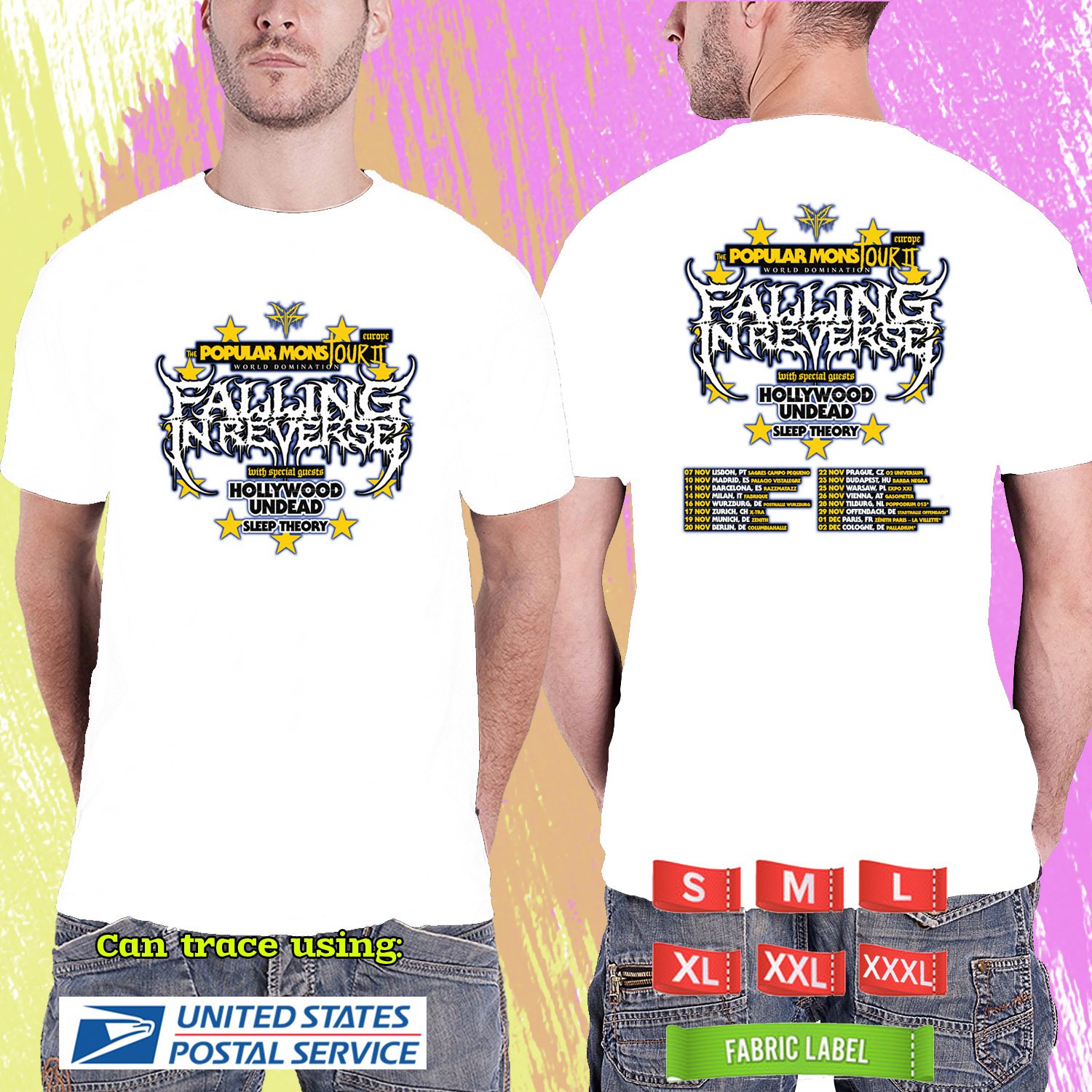 FALLING IN REVERSE THE POPULAR MONSTOUR 2 EUROPE TOUR 2024. WHITE TSHIRT UNISEX RDF01