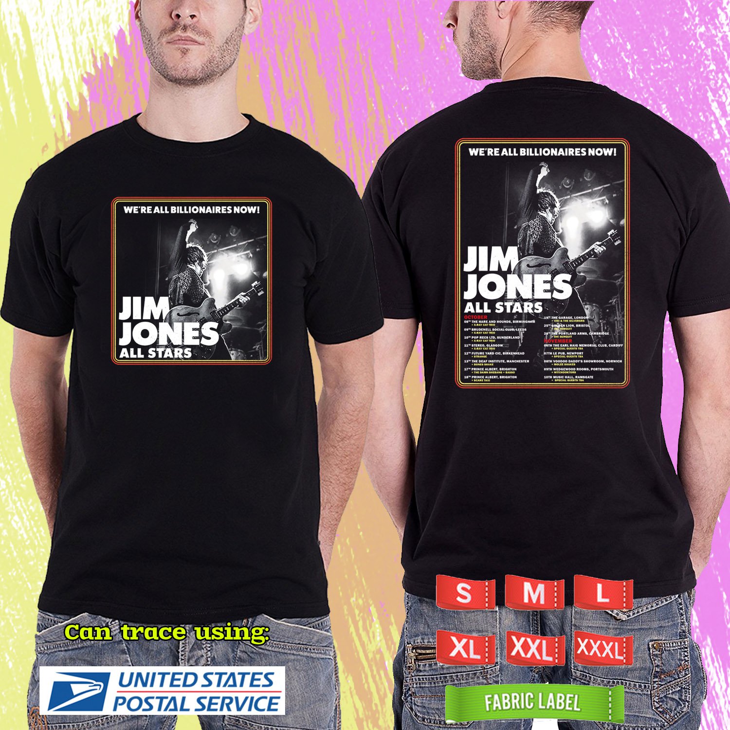 JIM JONES ALL STARS WE'RE ALL BILLIONAIRES NOW UK TOUR 2024. JIM JONES. BLACK TSHIRT UNISEX RDF01