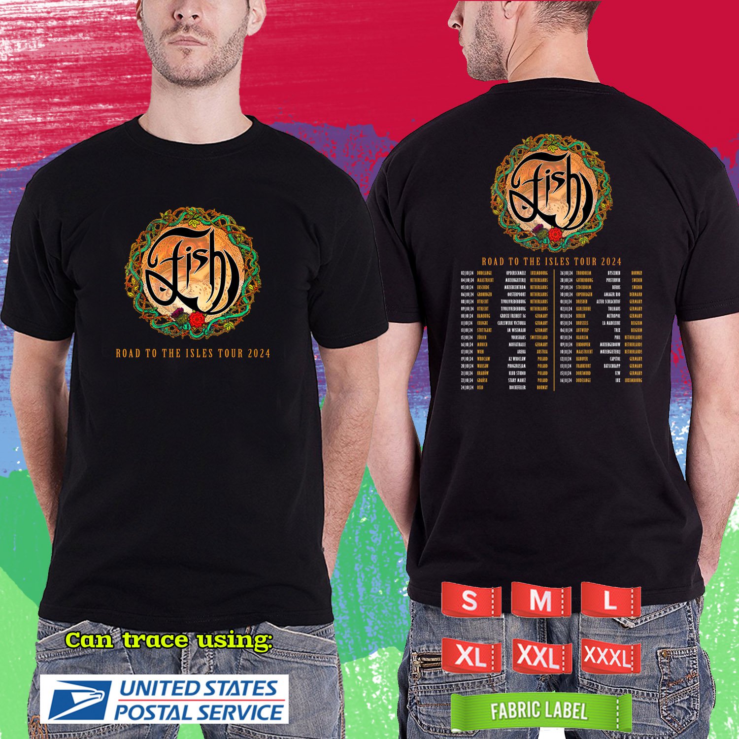 FISH ROAD TO THE ISLE EUROPE TOUR 2024. FISH ROAD. BLACK TSHIRT UNISEX RDF01