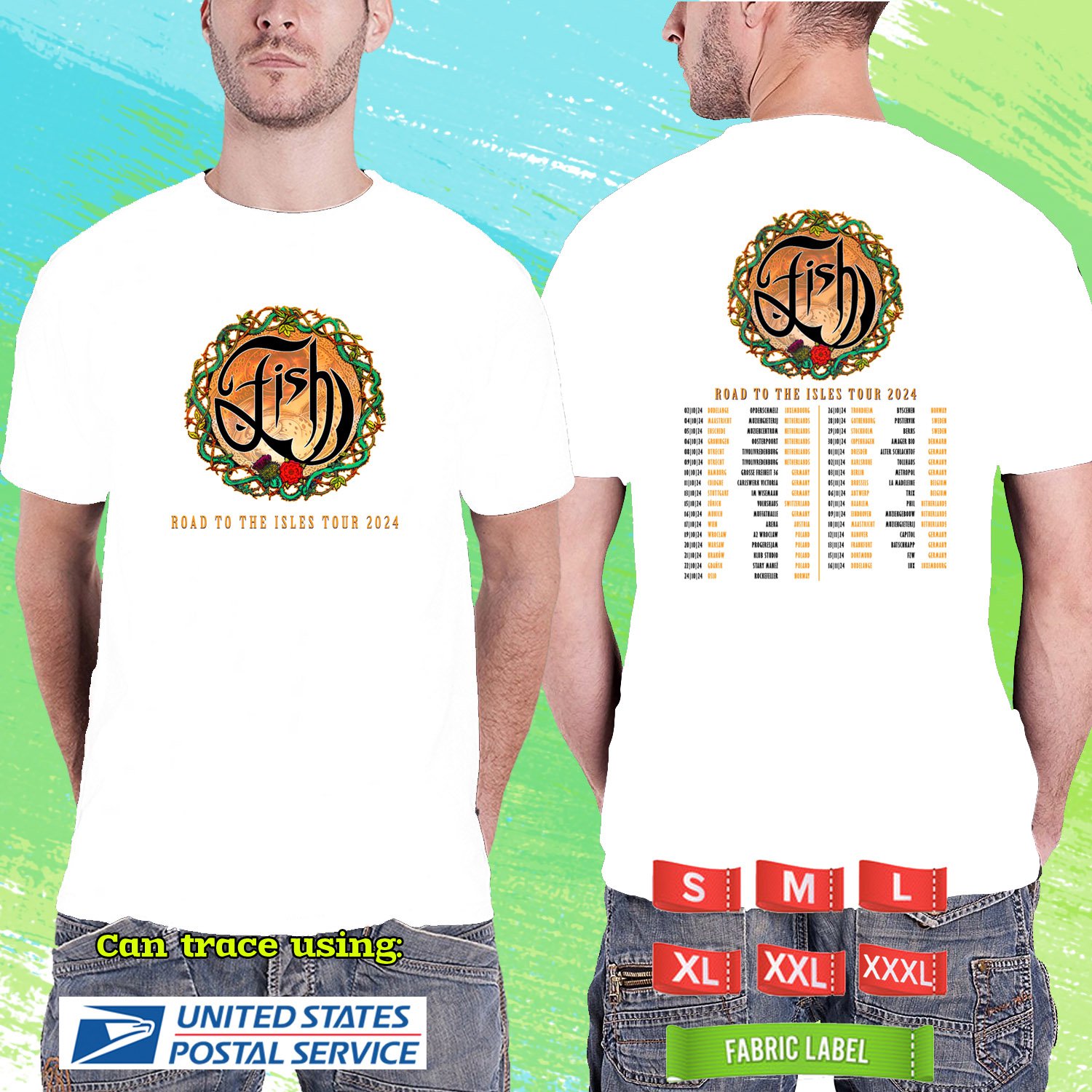 FISH ROAD TO THE ISLE EUROPE TOUR 2024. FISH ROAD. WHITE TSHIRT UNISEX RDF01