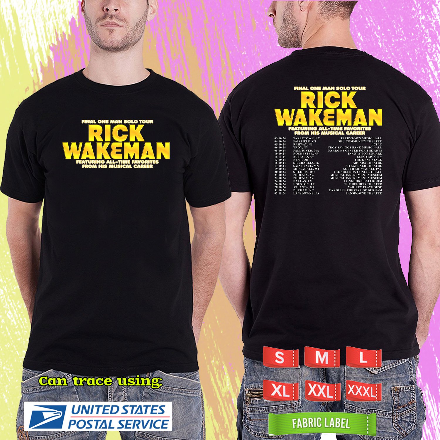 RICK WAKEMAN FINAL ONE MAN SOLO USA TOUR 2024. RICK WAKEMAN. BLACK TSHIRT UNISEX RDF01