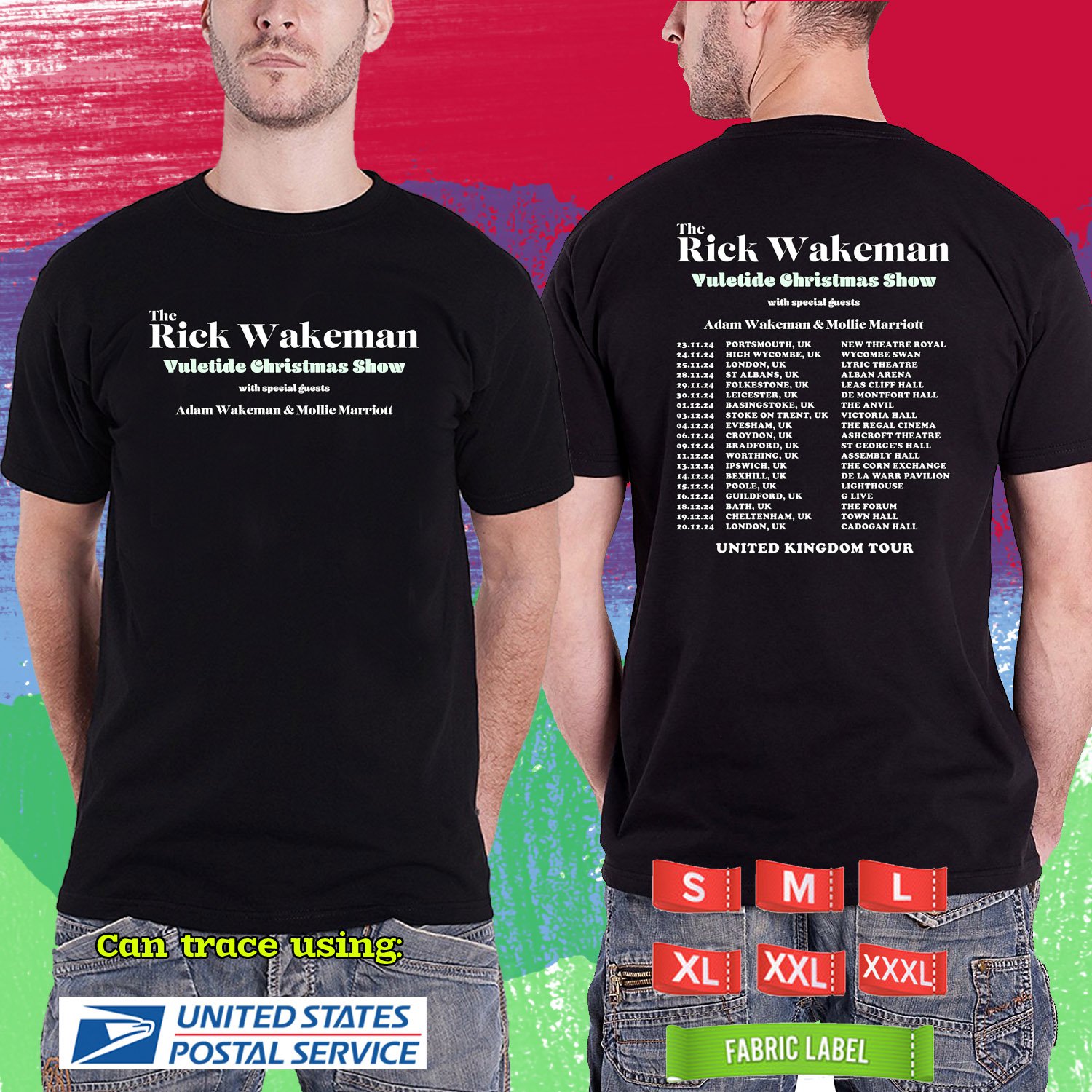 RICK WAKEMAN FINAL YULETIDE CHRISTMAS SHOW UK TOUR 2024. RICK WAKEMAN. BLACK TSHIRT UNISEX RDF01