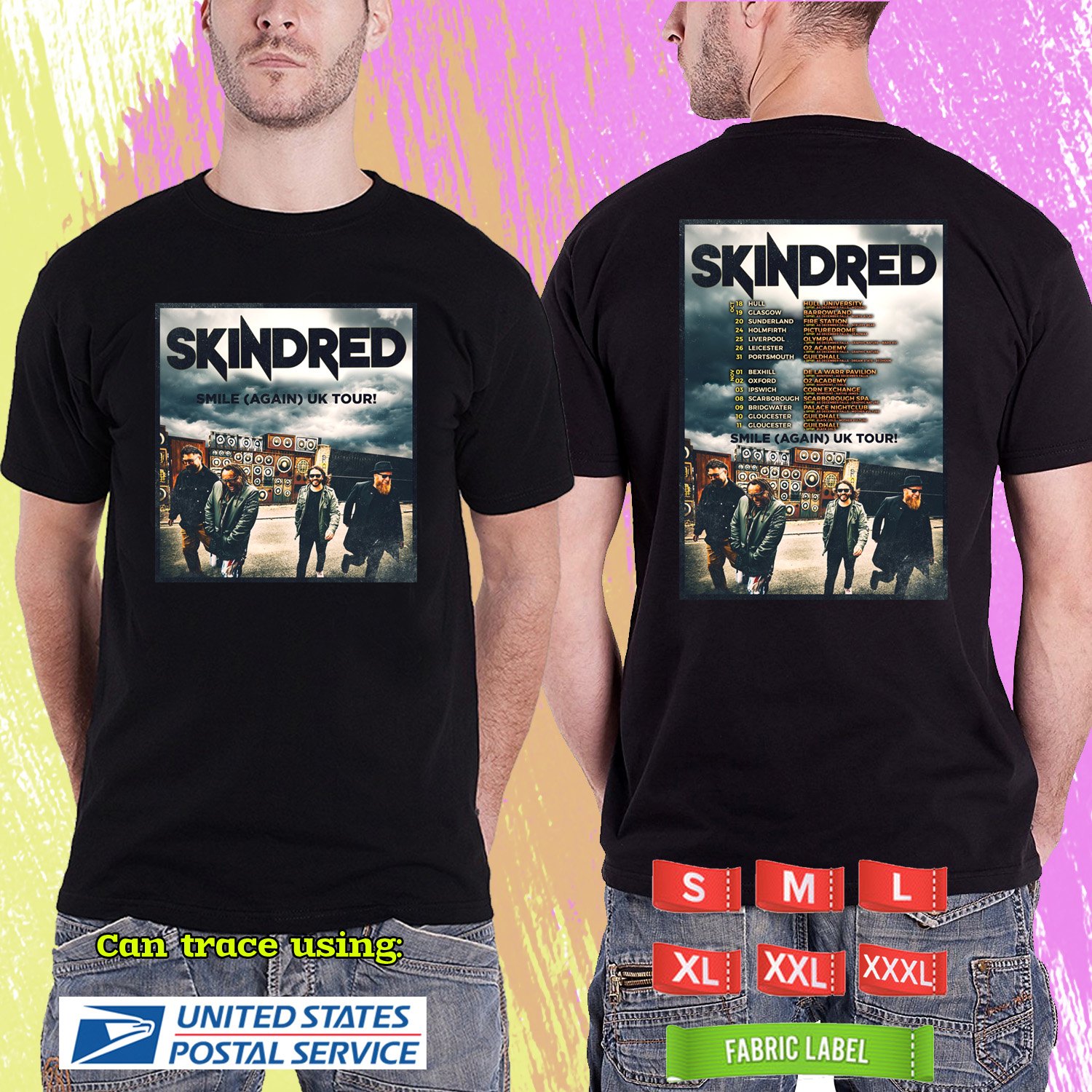 SKINDRED SMILE AGAIN U.KINGDOM TOUR 2024. SKINDRED. SKINDRED TOUR. BLACK TSHIRT UNISEX RDF01