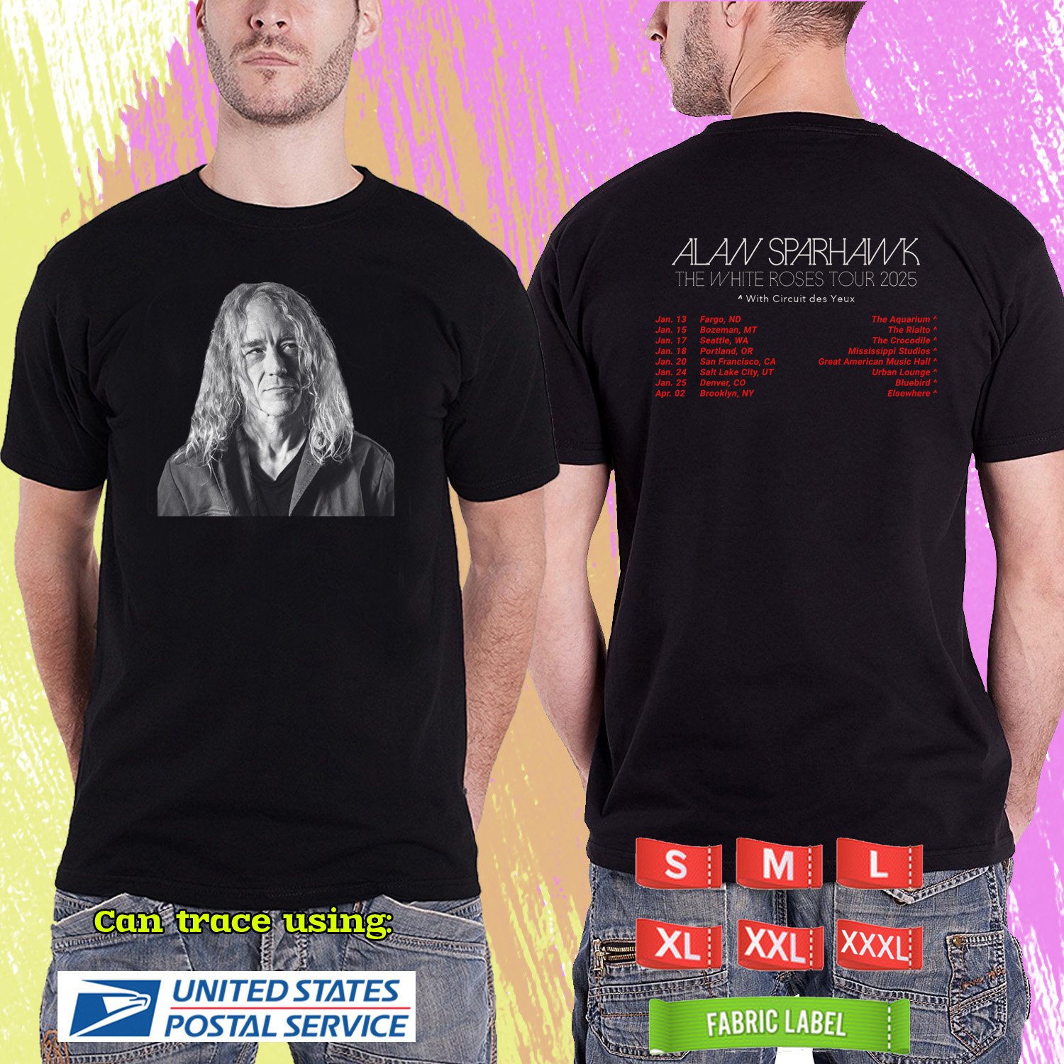 ALAN SPARHAWK THE WHITE ROSES N.AMERICAN TOUR 2025. ALAN SPARHAWK TOUR. BLACK TSHIRT UNISEX RDF02