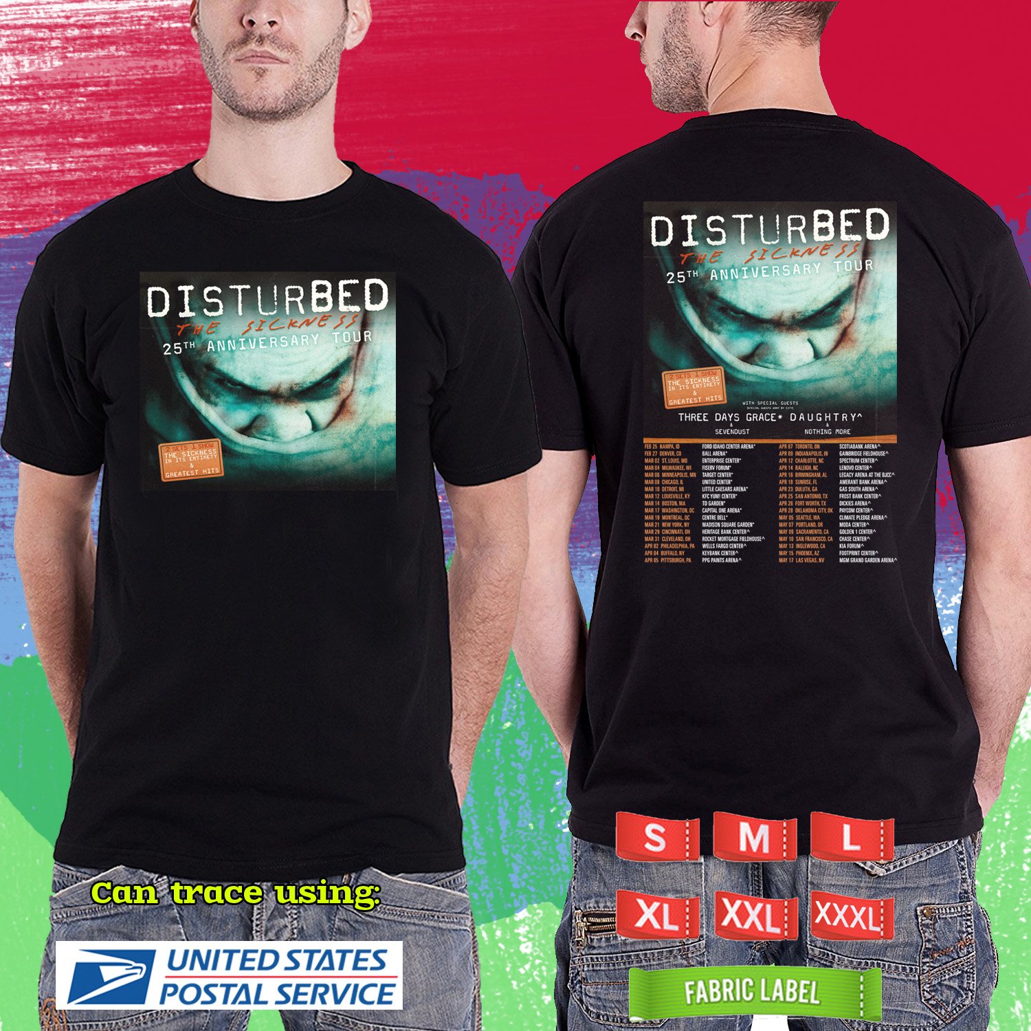 DISTURBED THE SICKNESS 25TH ANNIV N.AMERICAN TOUR 2025. DISTURBED. BLACK TSHIRT UNISEX RDF01