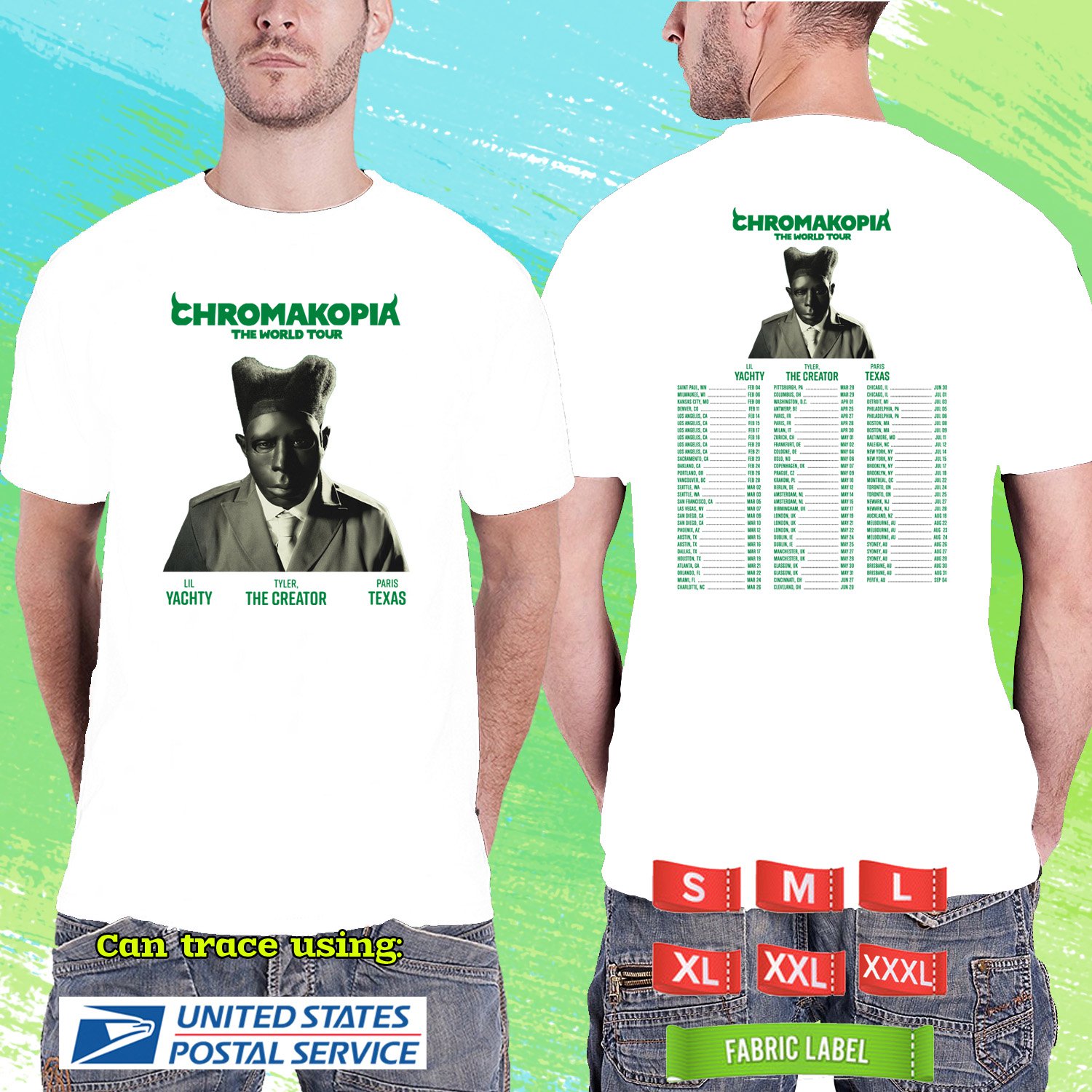 TYLER, THE CREATOR CHROMAKOPIA WORLD TOUR 2025. TYLER, THE CREATOR. WHITE TSHIRT UNISEX RDF01