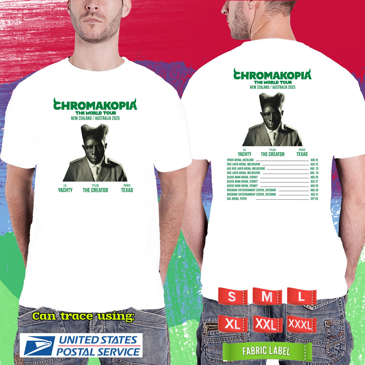 TYLER, THE CREATOR CHROMAKOPIA AUSTRALIA TOUR 2025. TYLER, THE CREATOR. WHITE TSHIRT UNISEX RDF01