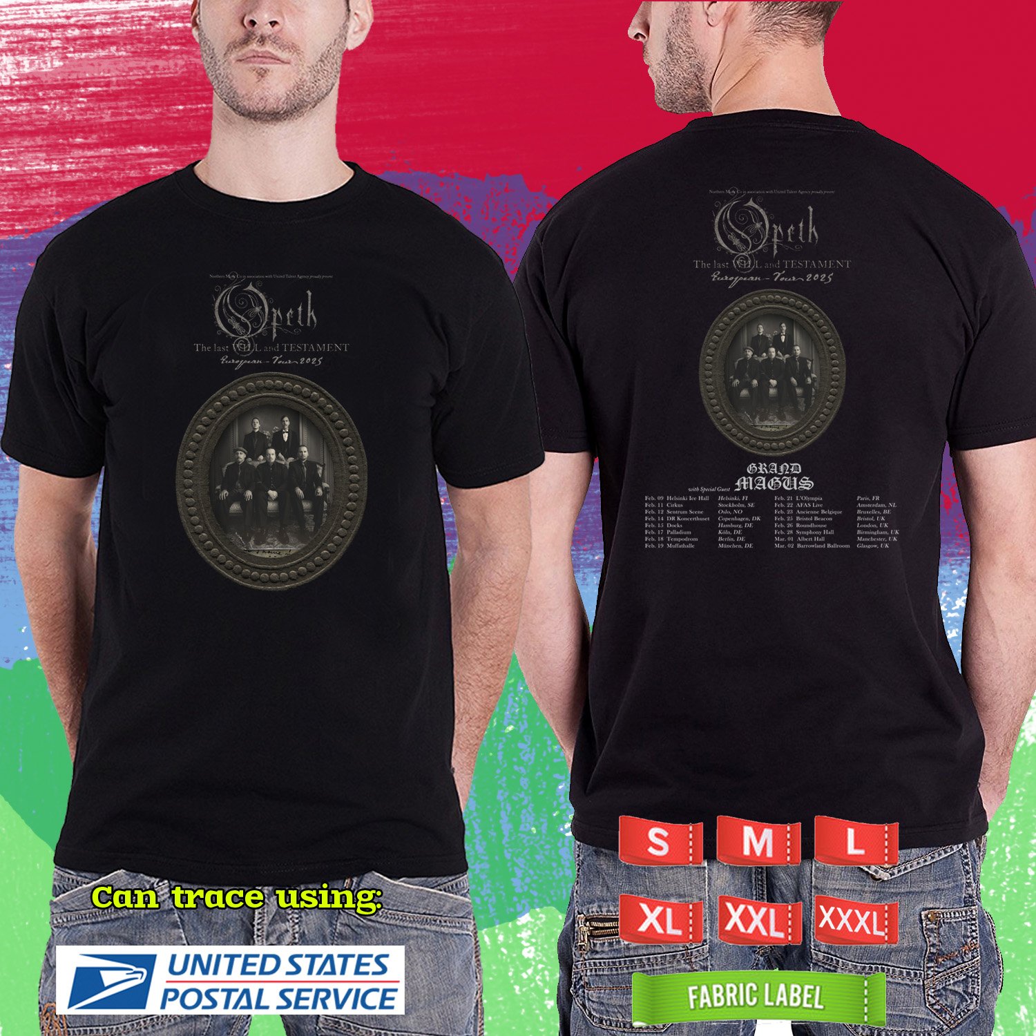 OPETH WITH THE LAST WILL & TESTAMENT EUROPE TOUR 2025. OPETH. BLACK TSHIRT UNISEX RDF01