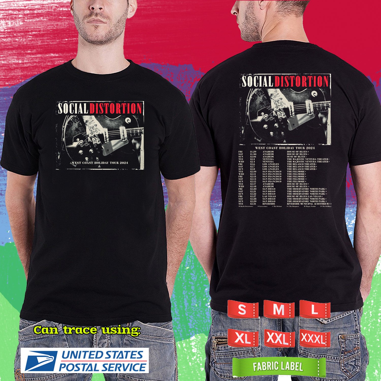 SOCIAL DISTORTION FALL TOUR 2024. SOCIAL DISTORTION. BLACK TSHIRT UNISEX RDF01