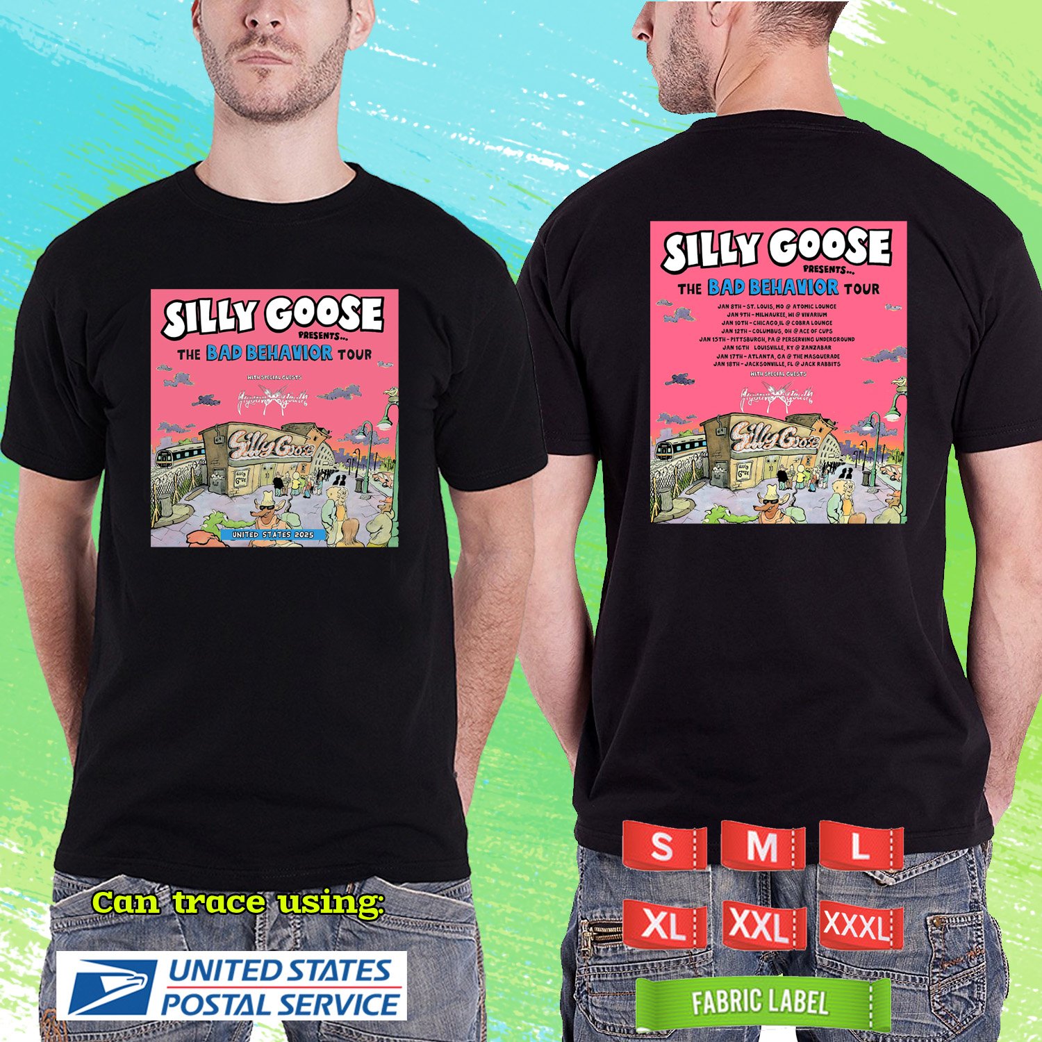 SILLY GOOSE THE BAD BEHAVIOR TOUR 2025. SILLY GOOSE. BLACK TSHIRT UNISEX RDF01