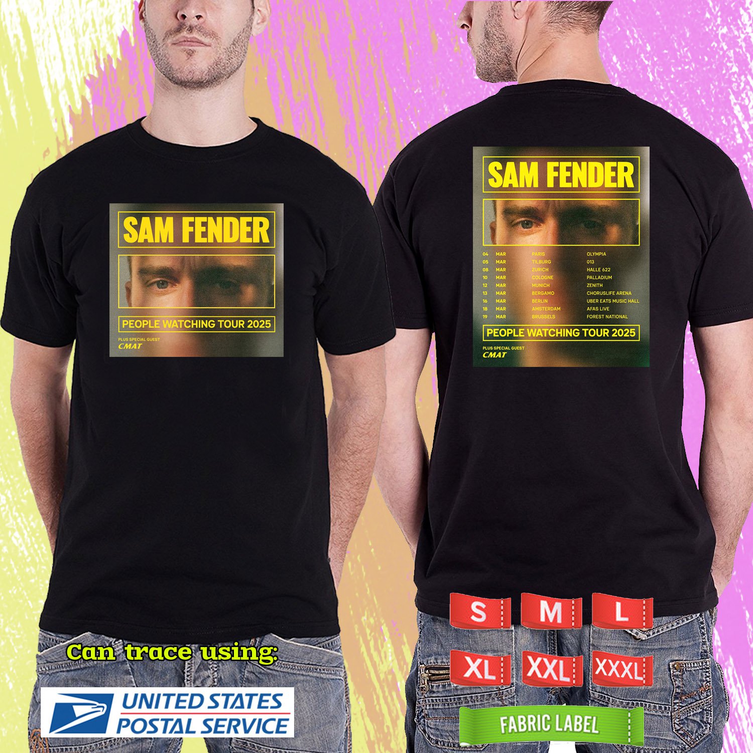 SAM FENDER PEOPLE WATCHING EUROPE TOUR 2025. SAM FENDER. BLACK TSHIRT UNISEX RDF01