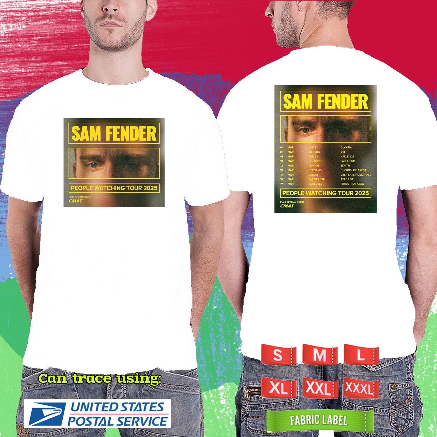 SAM FENDER PEOPLE WATCHING EUROPE TOUR 2025. SAM FENDER. WHITE TSHIRT UNISEX RDF01