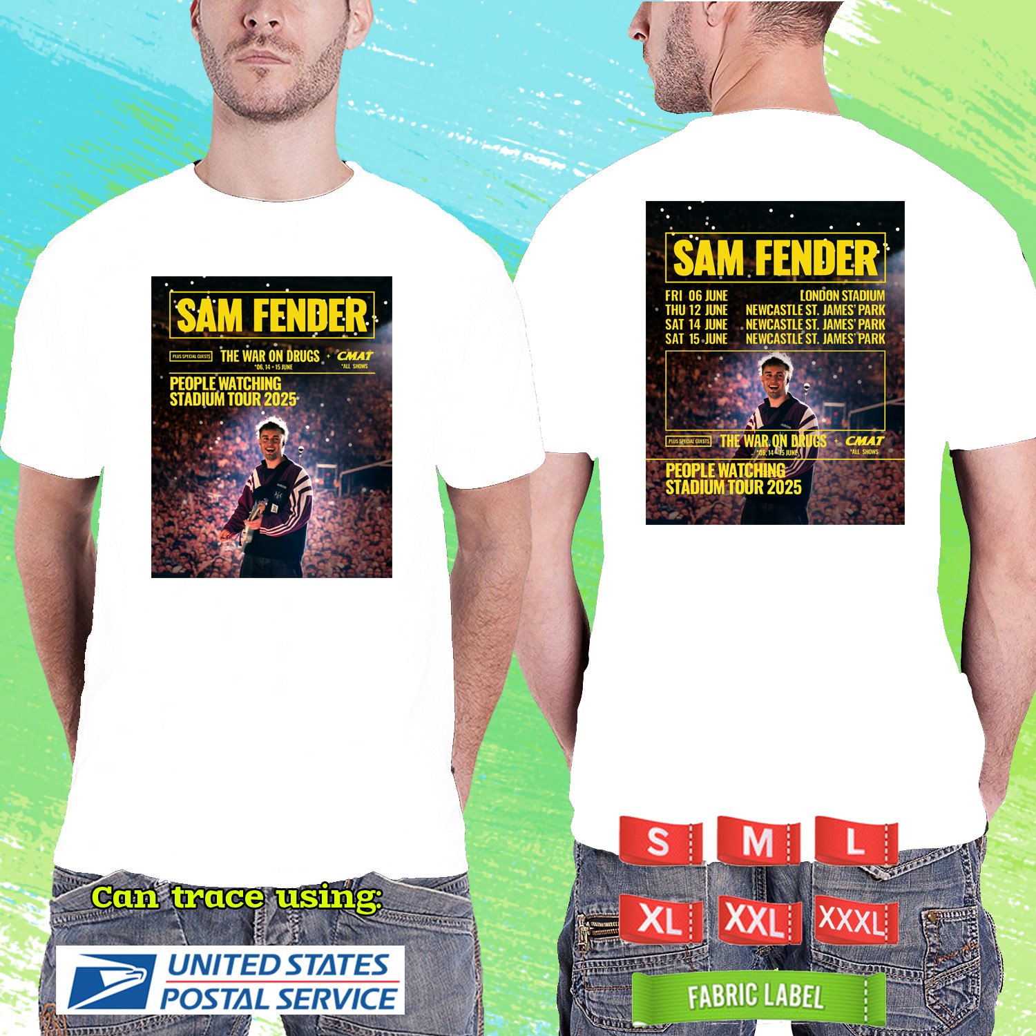 SAM FENDER PEOPLE WATCHING STADIUM UK TOUR 2025. SAM FENDER. WHITE TSHIRT UNISEX RDF01