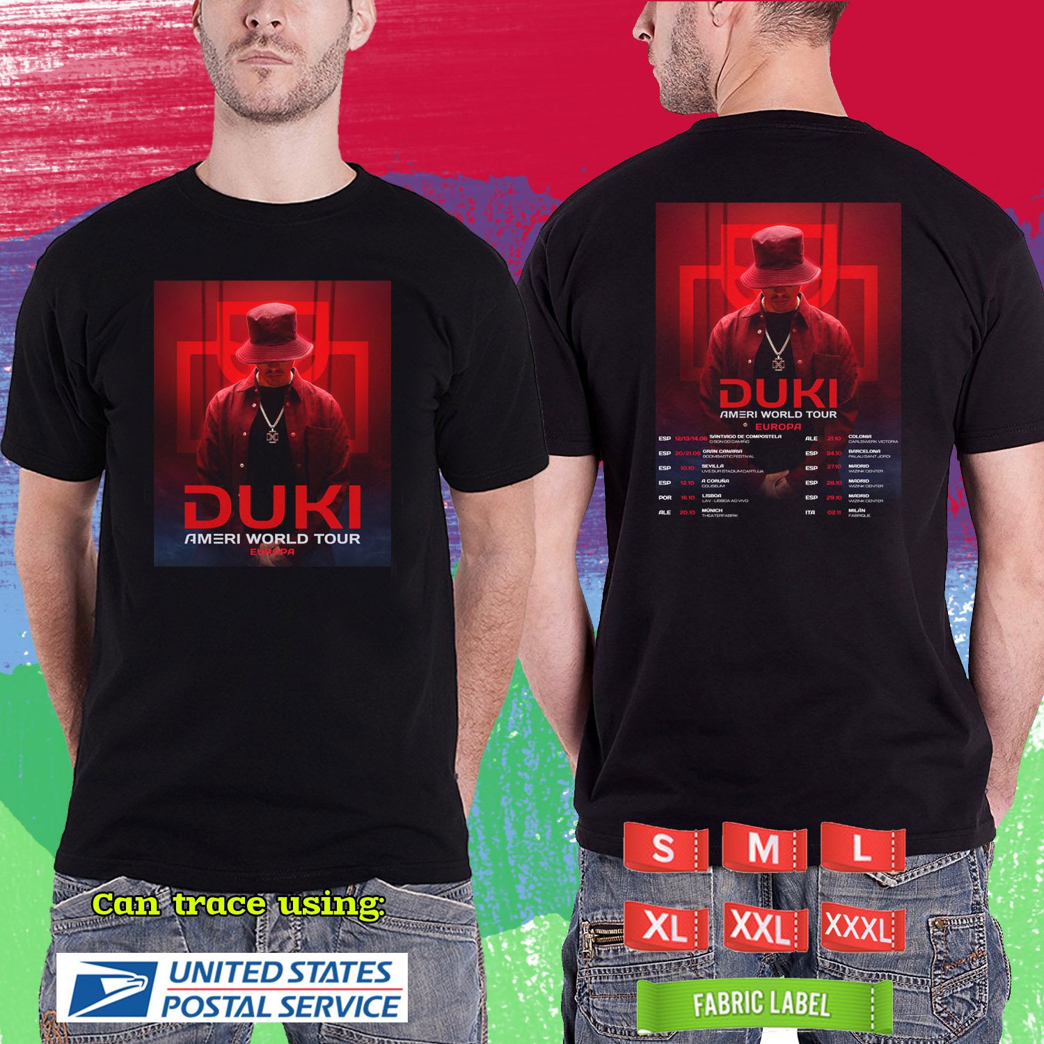 DUKI AMERI WORLD TOUR 2025: EUROPE. DUKI. LATINA. BLACK TSHIRT UNISEX RDF01