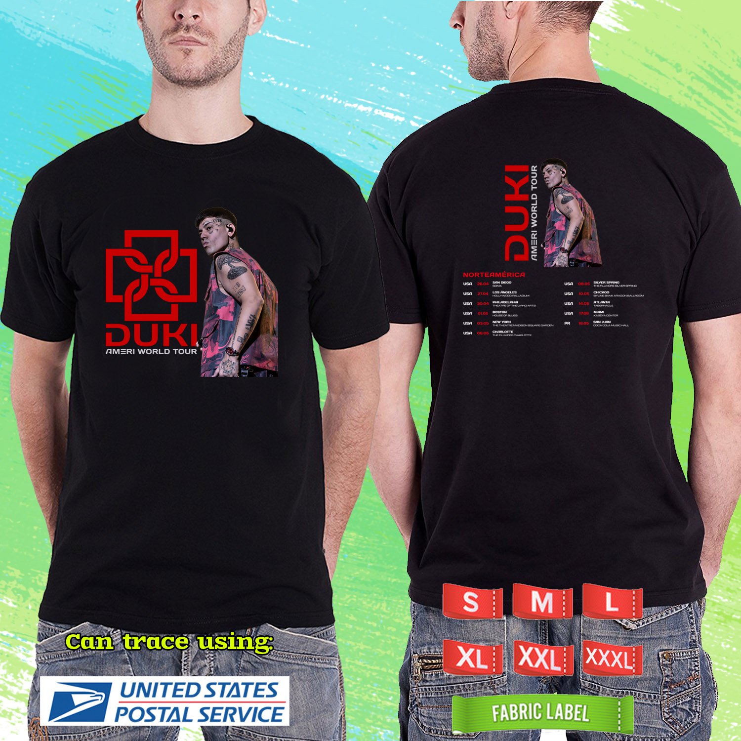 DUKI AMERI WORLD TOUR 2025: NORTH AMERICA. DUKI. LATINA. BLACK TSHIRT UNISEX RDF01