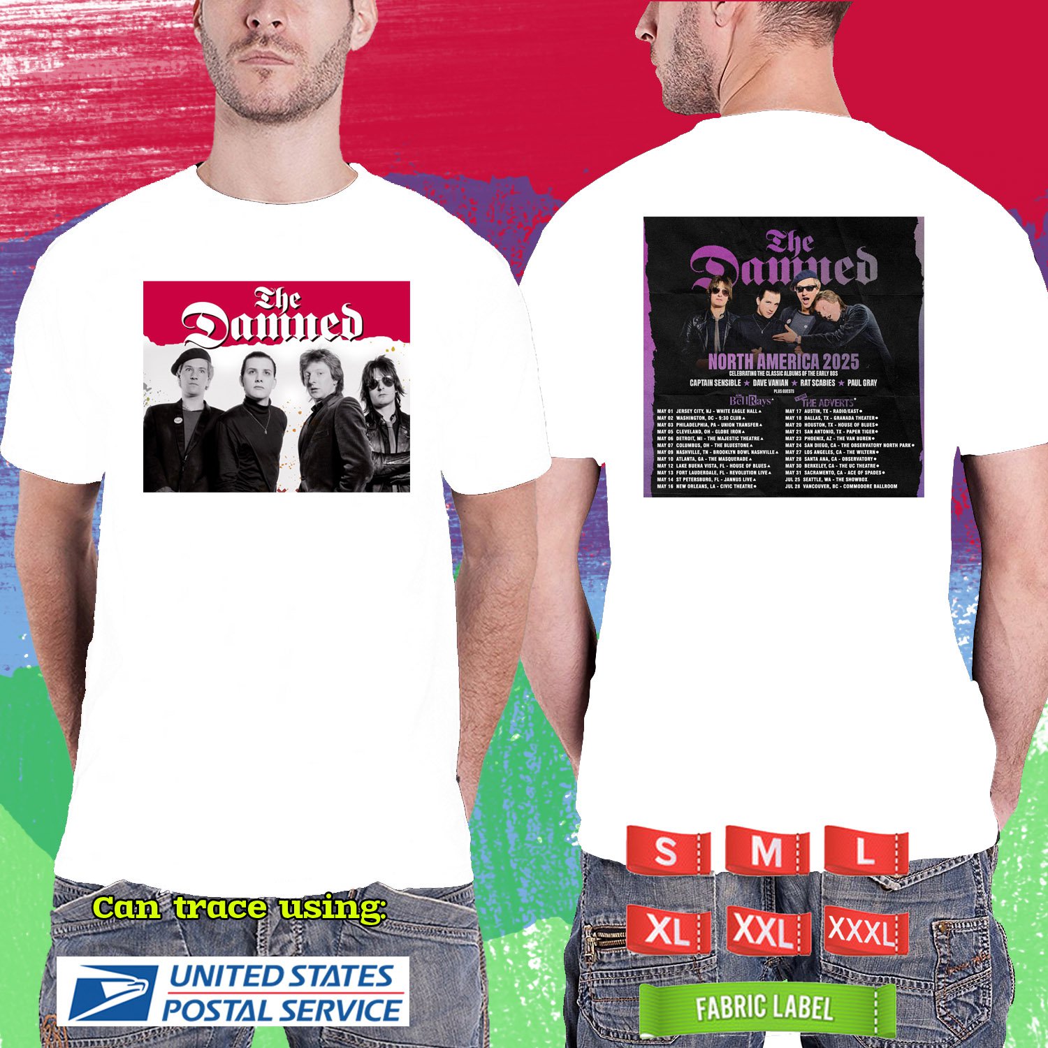 THE DAMNED CELEBRATE CLASSIC 80'S ALBUM TOUR 2025. THE DAMNED. WHITE TSHIRT UNISEX RDF01