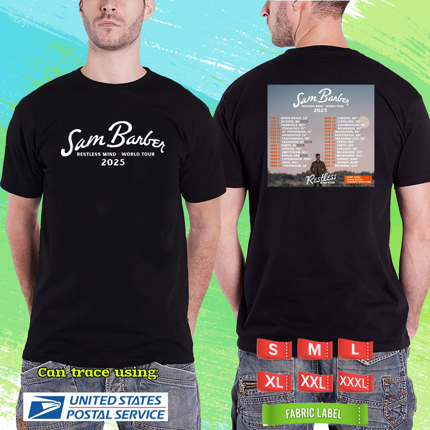SAM BARBER RESTLESS MIND WORLD TOUR 2025. SAM BARBER. BLACK TSHIRT UNISEX RDF01
