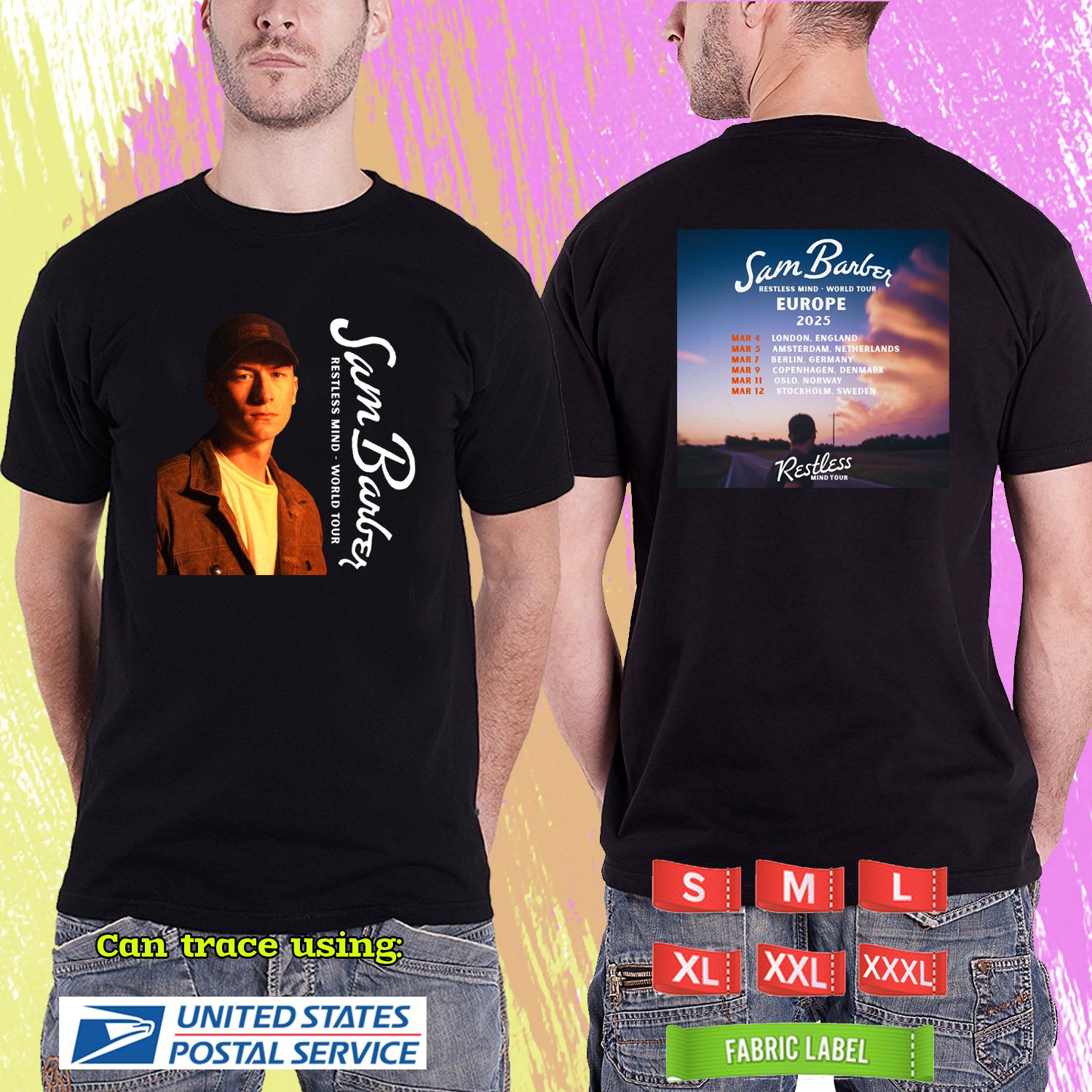 SAM BARBER RESTLESS MIND EUROPE U.KINGDOM TOUR 2025. SAM BARBER. BLACK TSHIRT UNISEX RDF01