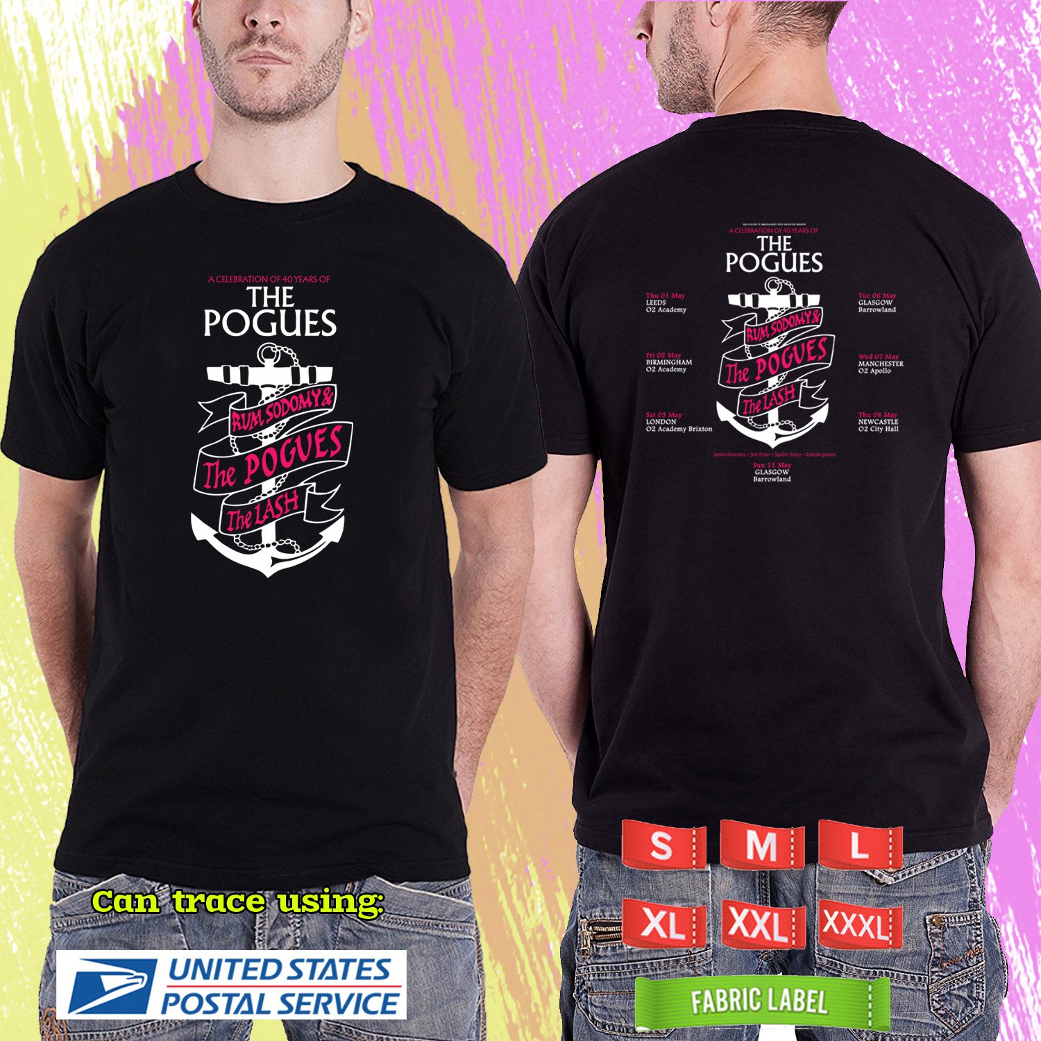 THE POGUES 40 YEARS RUM 7 THE LASH UK TOUR 2025. THE POGUES. BLACK TSHIRT UNISEX RDF01