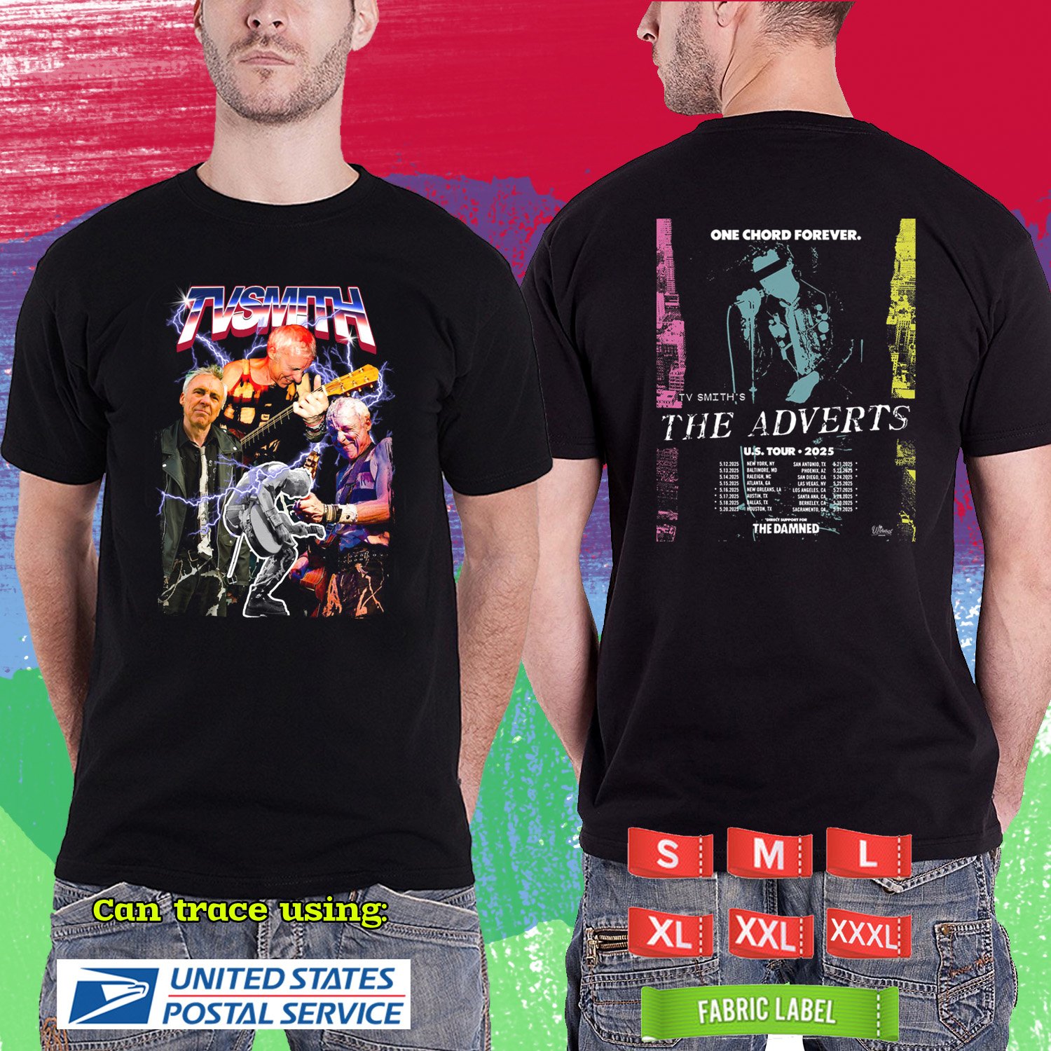 TV SMITH THE ADVERT USA TOUR 2025. TV SMITH. BLACK TSHIRT UNISEX RDF01
