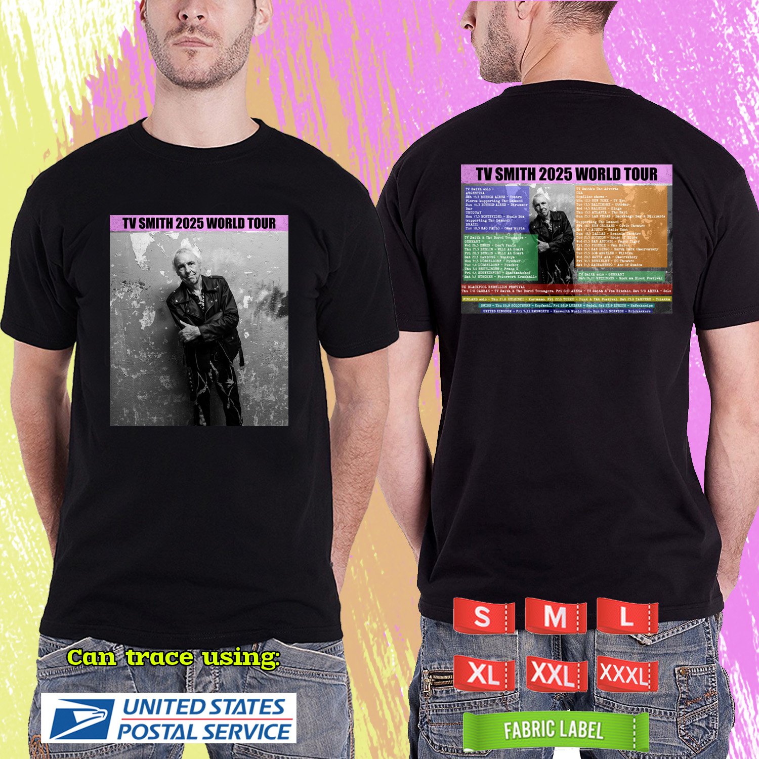 TV SMITH WORLD TOUR 2025. TV SMITH. BLACK TSHIRT UNISEX RDF01